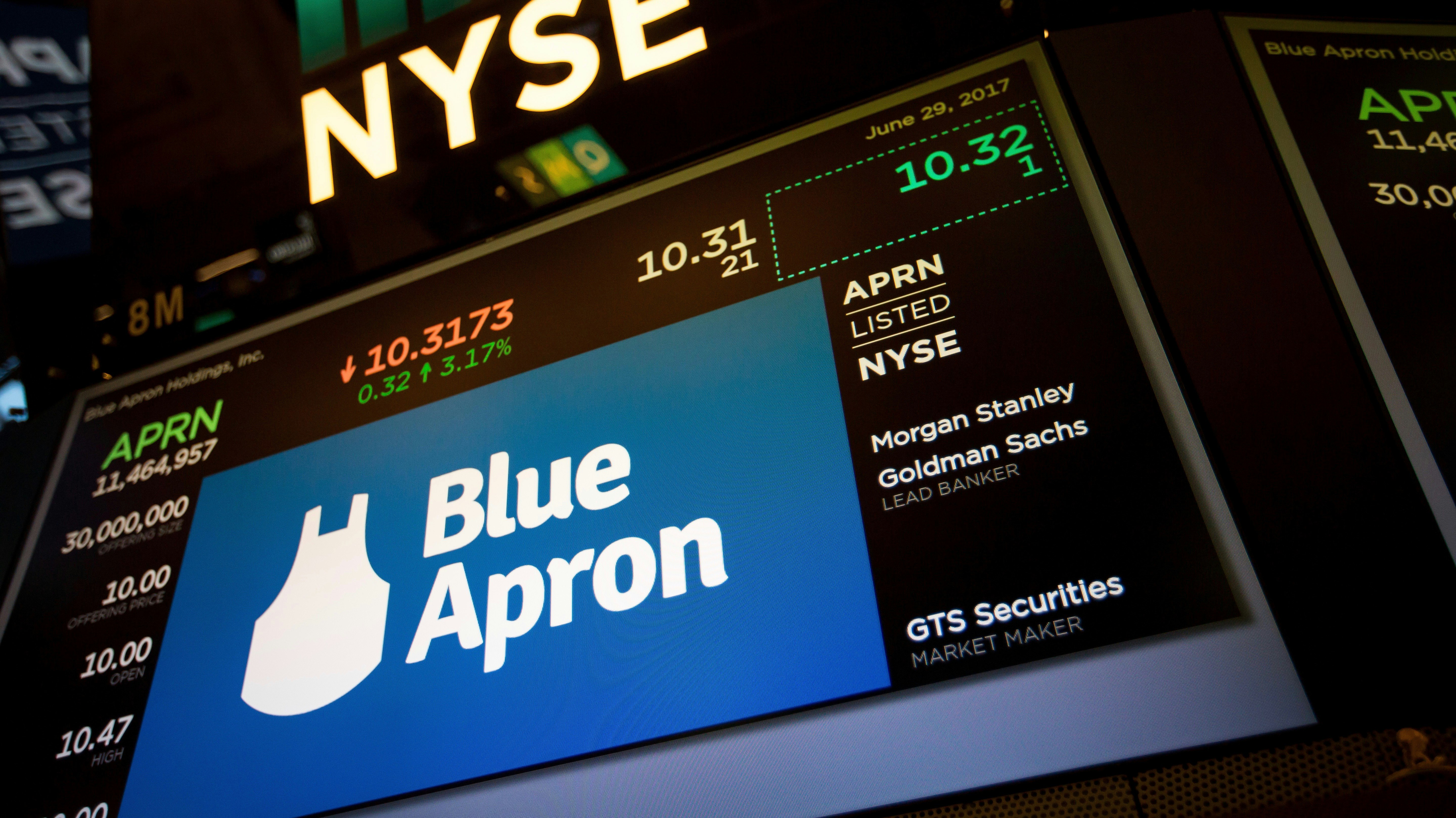 A sign for Blue Apron at the New York Stock Exchange on the company's IPO day. Photo by Bloomberg.