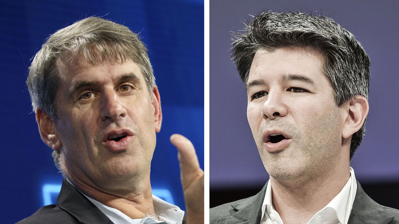 Benchmark partner Bill Gurley (left) and former CEO Travis Kalanick. Photos by Bloomberg.