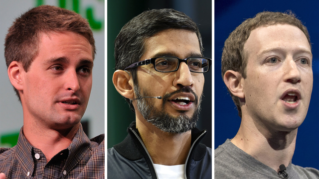 Snap's Evan Spiegel, Google's Sundar Pichai and Facebook's Mark Zuckerberg. Photos by Flickr/TechCrunch; Bloomberg.
