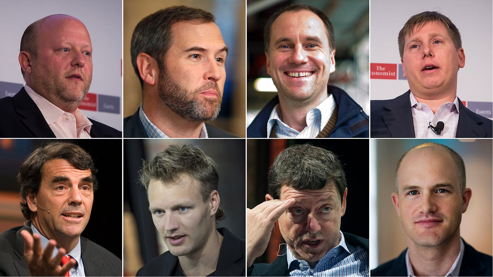 Caption: Clockwise from top left: Jeremy Allaire, Brad Garlinghouse, Albert Wenger, Barry Silbert, Brian Armstrong, Fred Wilson,  Olaf Carson-Wee, Tim Draper