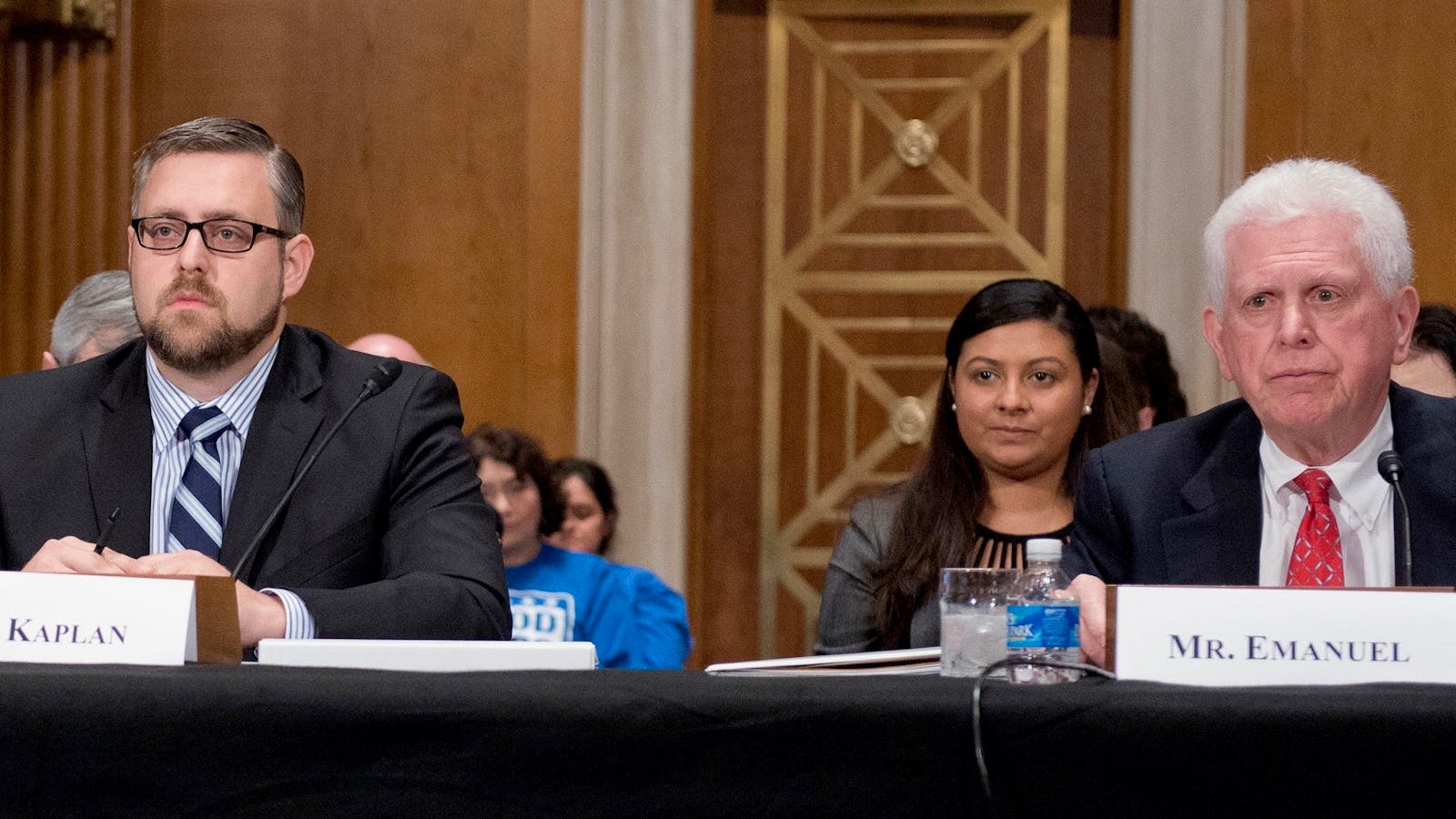 Marvin Kaplan and William Emanuel, President Trump's two nominees to the National Labor Relations Board, at the Senate hearing considering their nomination. Photo by AP. 