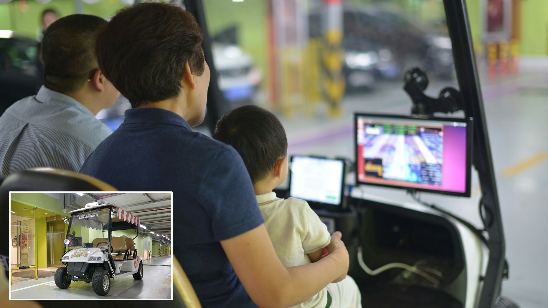 UISEE's driverless golf cart (inset). Photos by UISEE