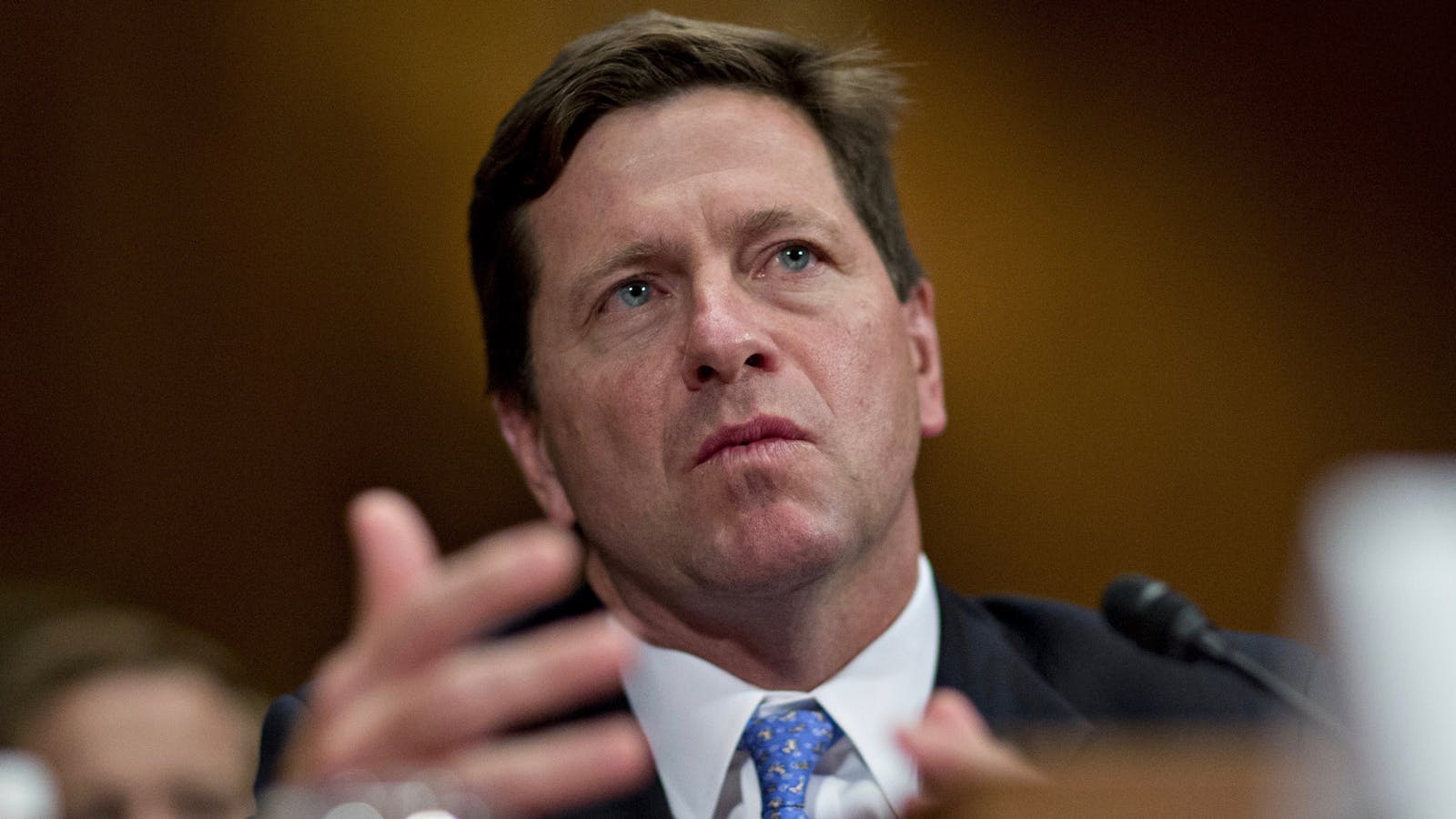 The SEC's new chair Jay Clayton speaking at a congressional hearing in June. Photo by Bloomberg.