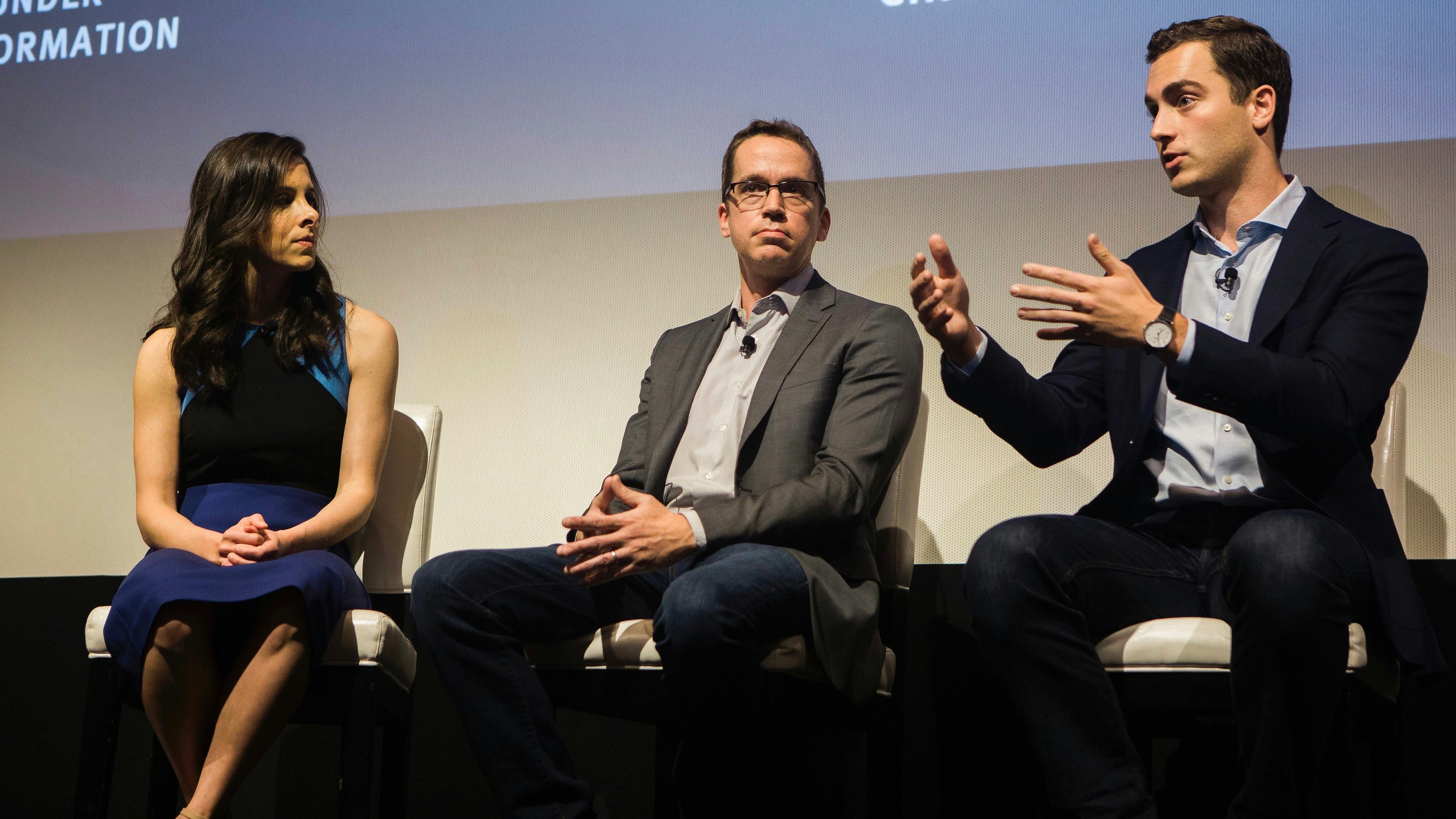 The Information's Editor-In-Chief Jessica Lessin talking with Sean Neville and Andy Bromberg. Photo by Gabriela Bhaskar.