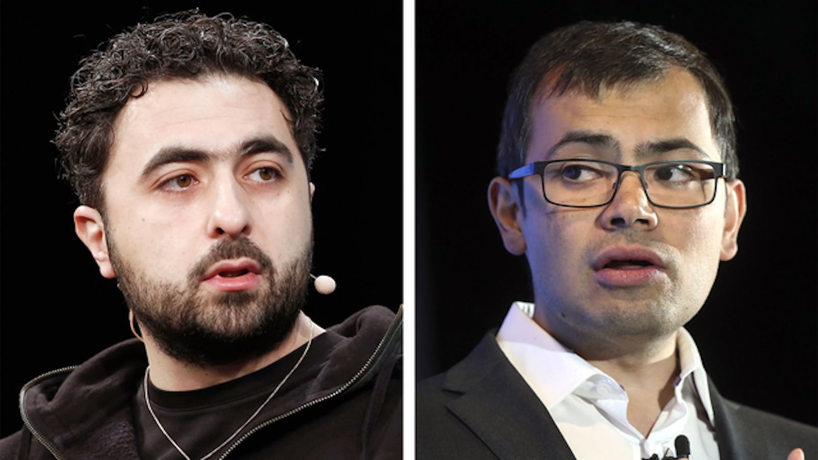 DeepMind co-founders Mustafa Suleyman and Demis Hassabis. Photos by Bloomberg and Flickr/TechCrunch.