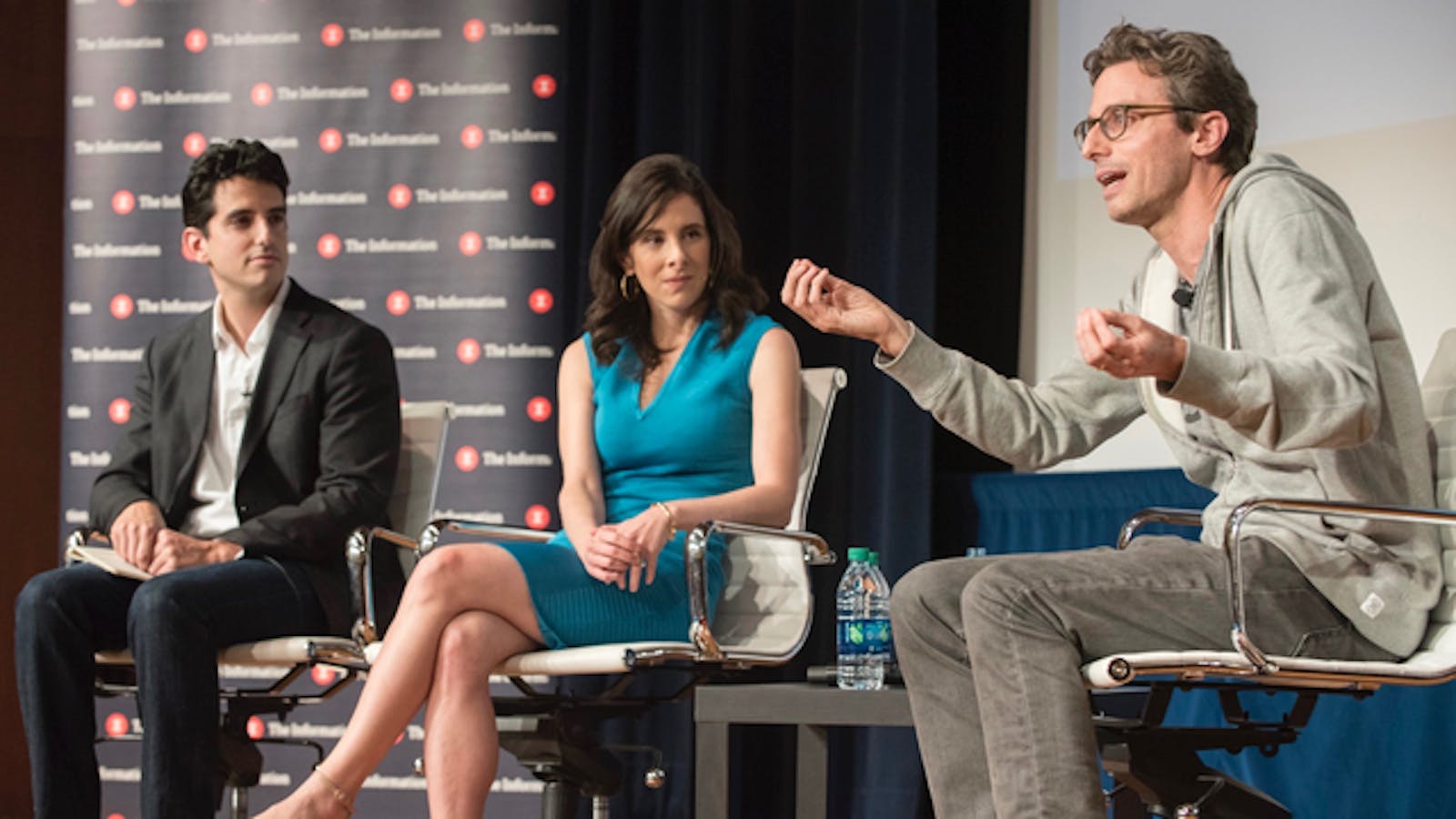 The Information's Tom Dotan (l.), and Jessica Lessin with BuzzFeed CEO Jonah Peretti. Photo by Erin Beach