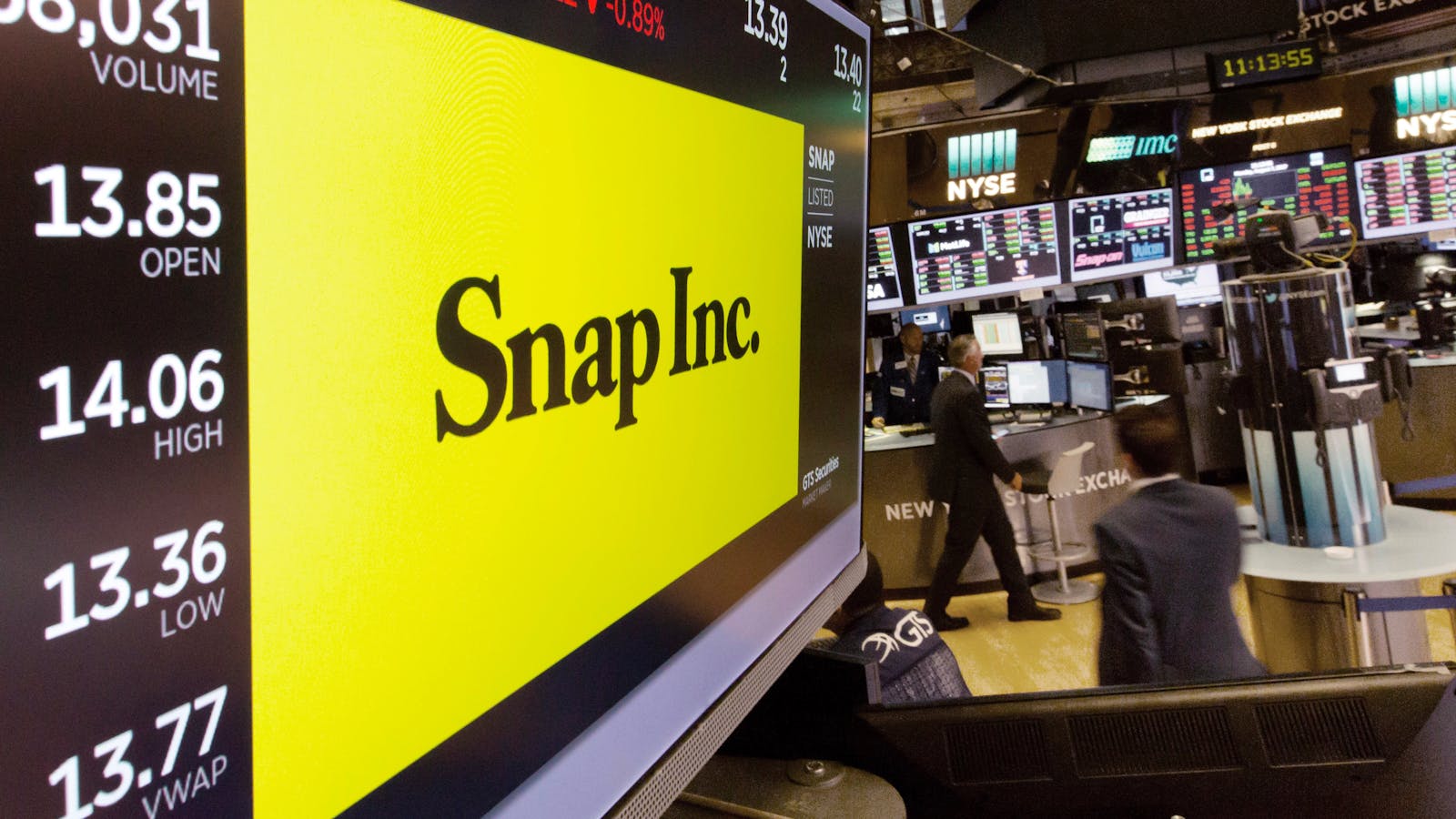 Snap's stock at the New York Stock Exchange. Photo by AP.
