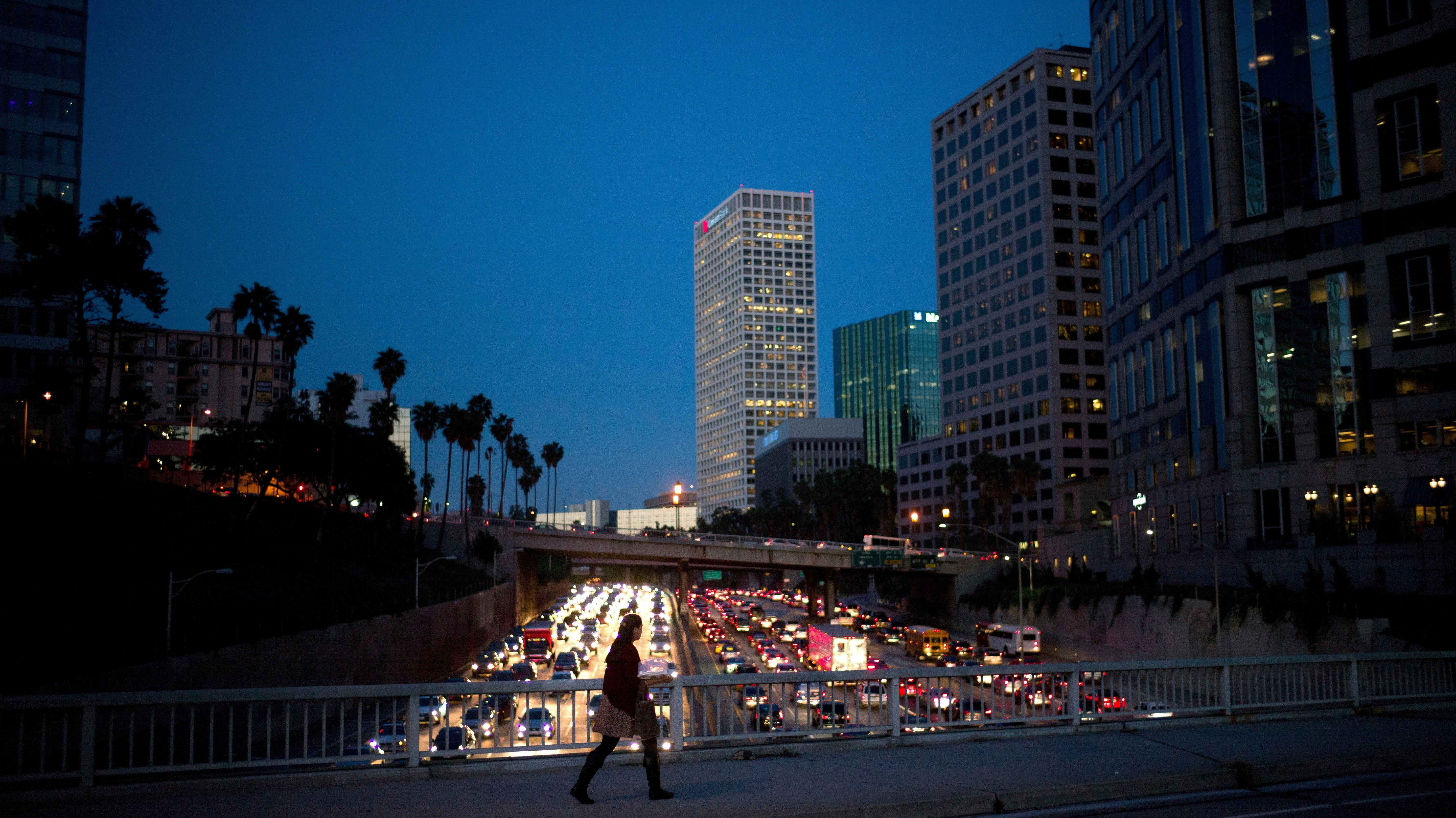 Rush hour traffic on the 110 freeway in Los Angeles. Photo by AP.