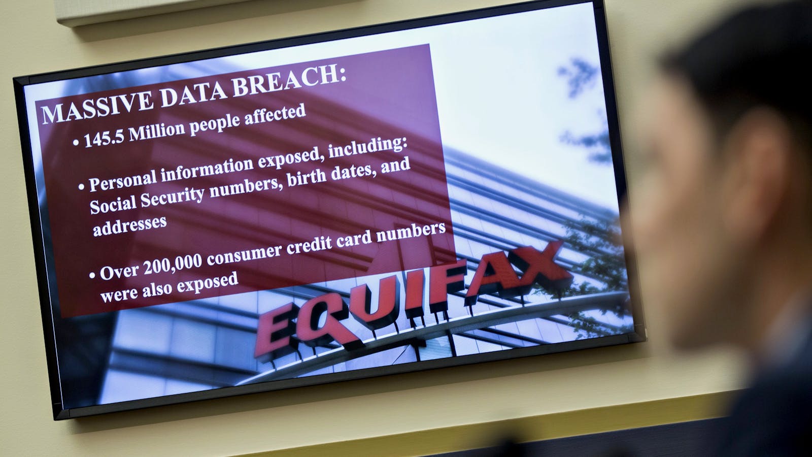 An Equifax slide on display during a congressional hearing into Equifax's data breach in October. Photo by Bloomberg.