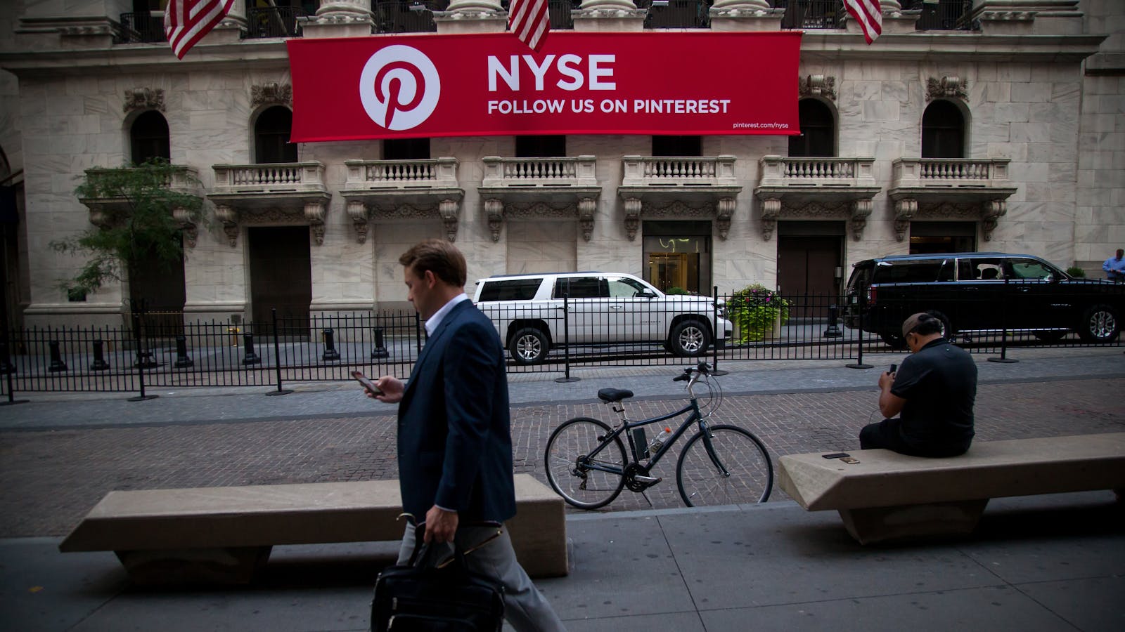 A Pinterest-branded banner on the New York Stock Exchange earlier this year. Photo by Bloomberg.