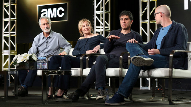 The creators and stars of "McMafia" at a press event in January. Photo by AP.