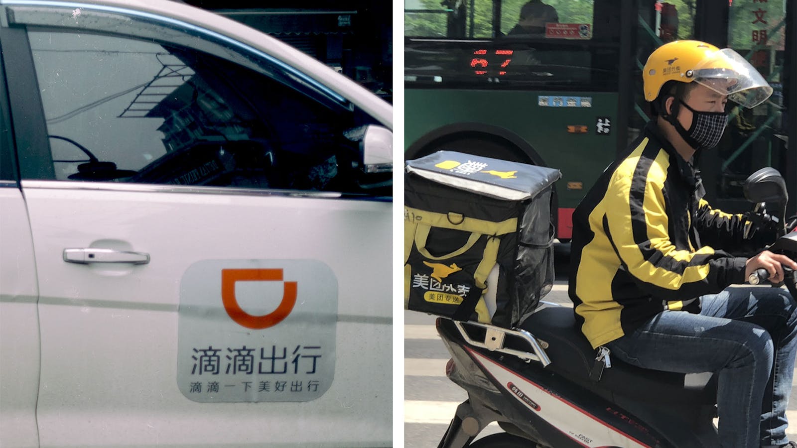 A Didi vehicle in Nanjing, China, left, and a Meituan food delivery courier in Wuxi, China. Photos: AP