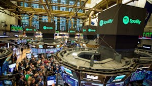 The New York Stock Exchange on the day that Spotify went public. Photo by Bloomberg.