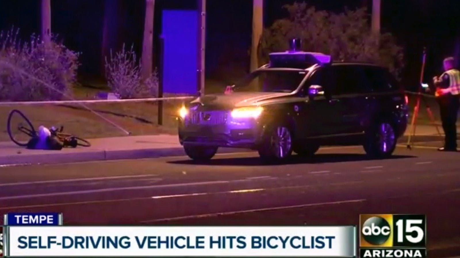A shot from an ABC TV station in Tempe, Arizona, after an Uber self-driving car killed a pedestrian. Photo by AP.