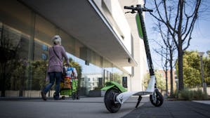 A LimeBike shared electric scooter in San Francisco. Photo by Bloomberg