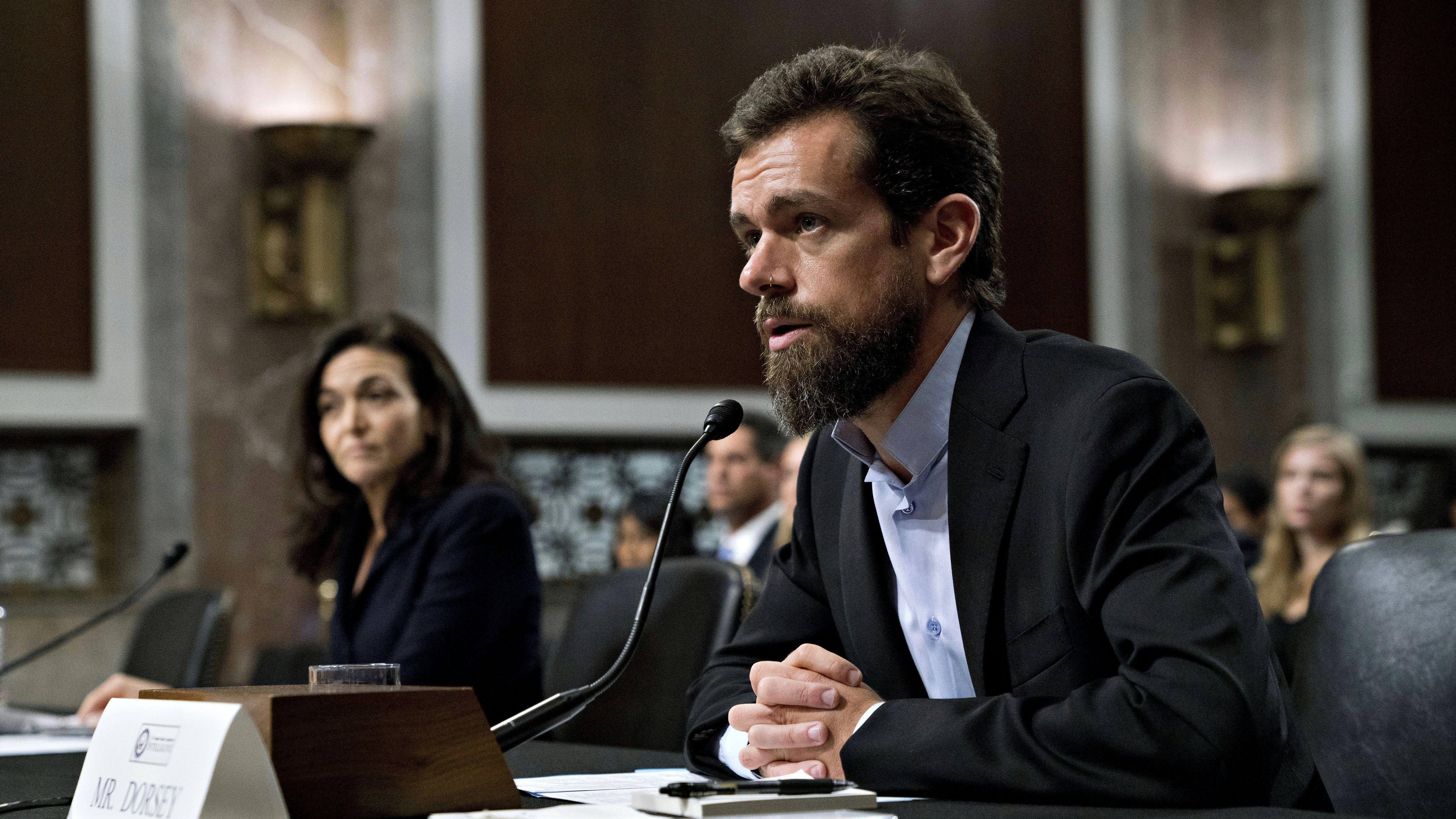 Facebook COO Sheryl Sandberg and Twitter CEO Jack Dorsey on Capitol Hill on Wednesday. Photo by Bloomberg