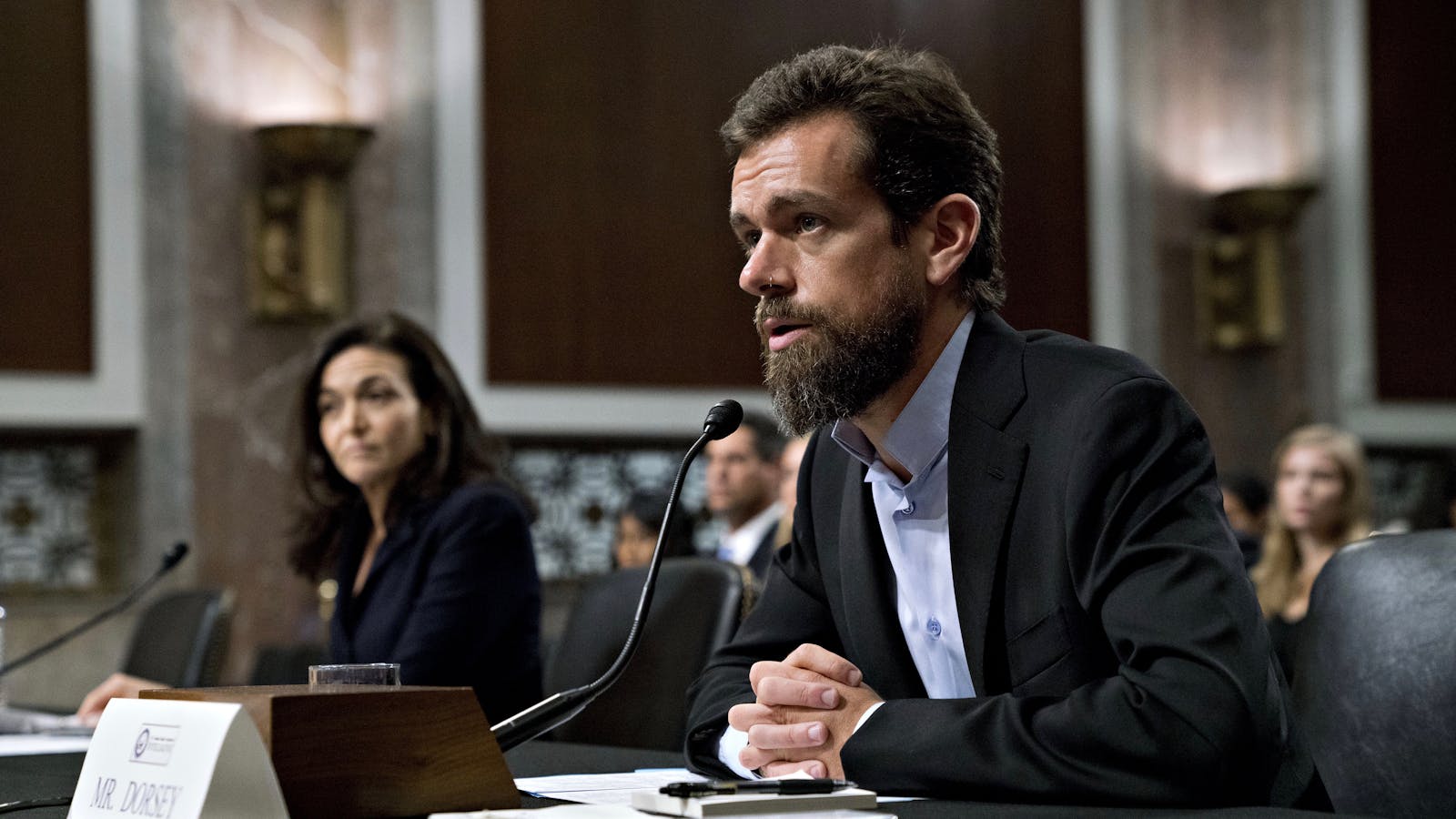 Facebook COO Sheryl Sandberg and Twitter CEO Jack Dorsey on Capitol Hill on Wednesday. Photo by Bloomberg