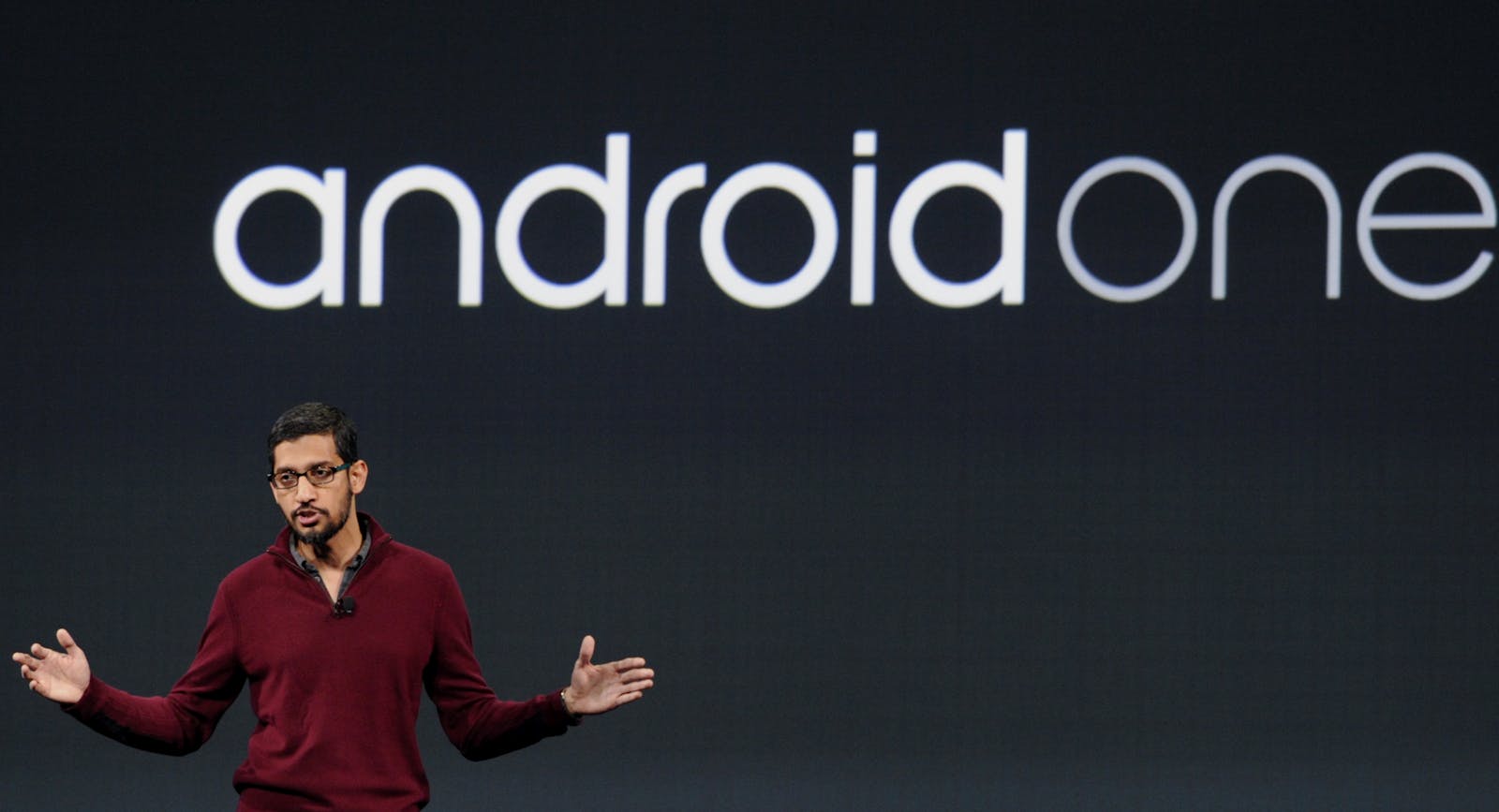 Google's Android chief, Sundar Pichai, introduces Android One in June. Photo by Bloomberg.