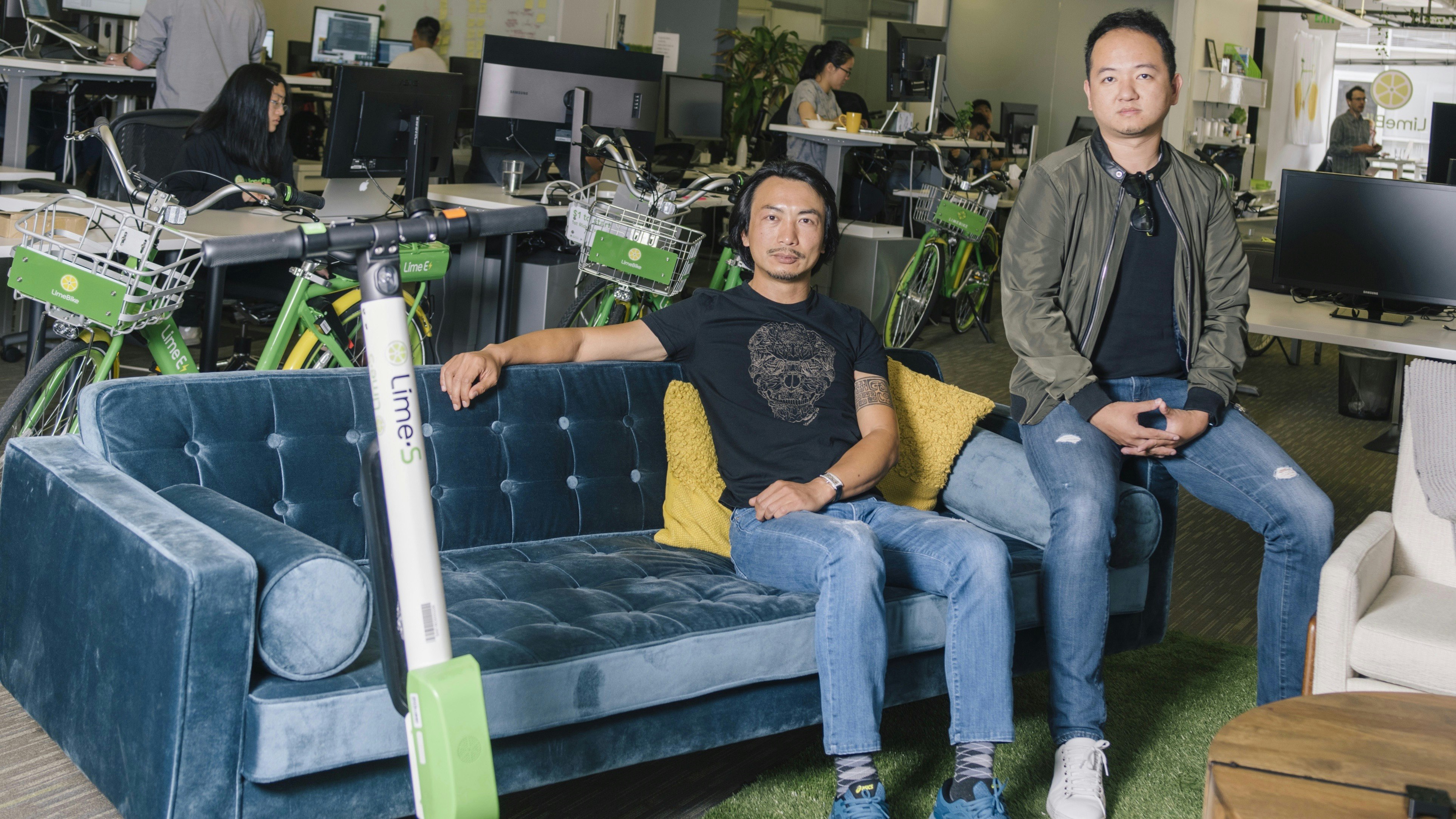Lime co-founders Toby Sun and Brad Bao at the company's San Mateo headquarters earlier this year. Photo by Bloomberg.