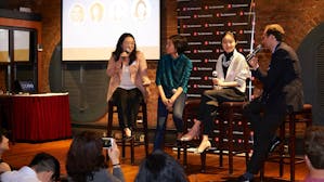 Karen Zhang, Elaine Lou and Daisy Guo at The Information's Hong Kong Subscriber Summit earlier this week, with The Information's Shai Oster. Photo by Brent Pottinger