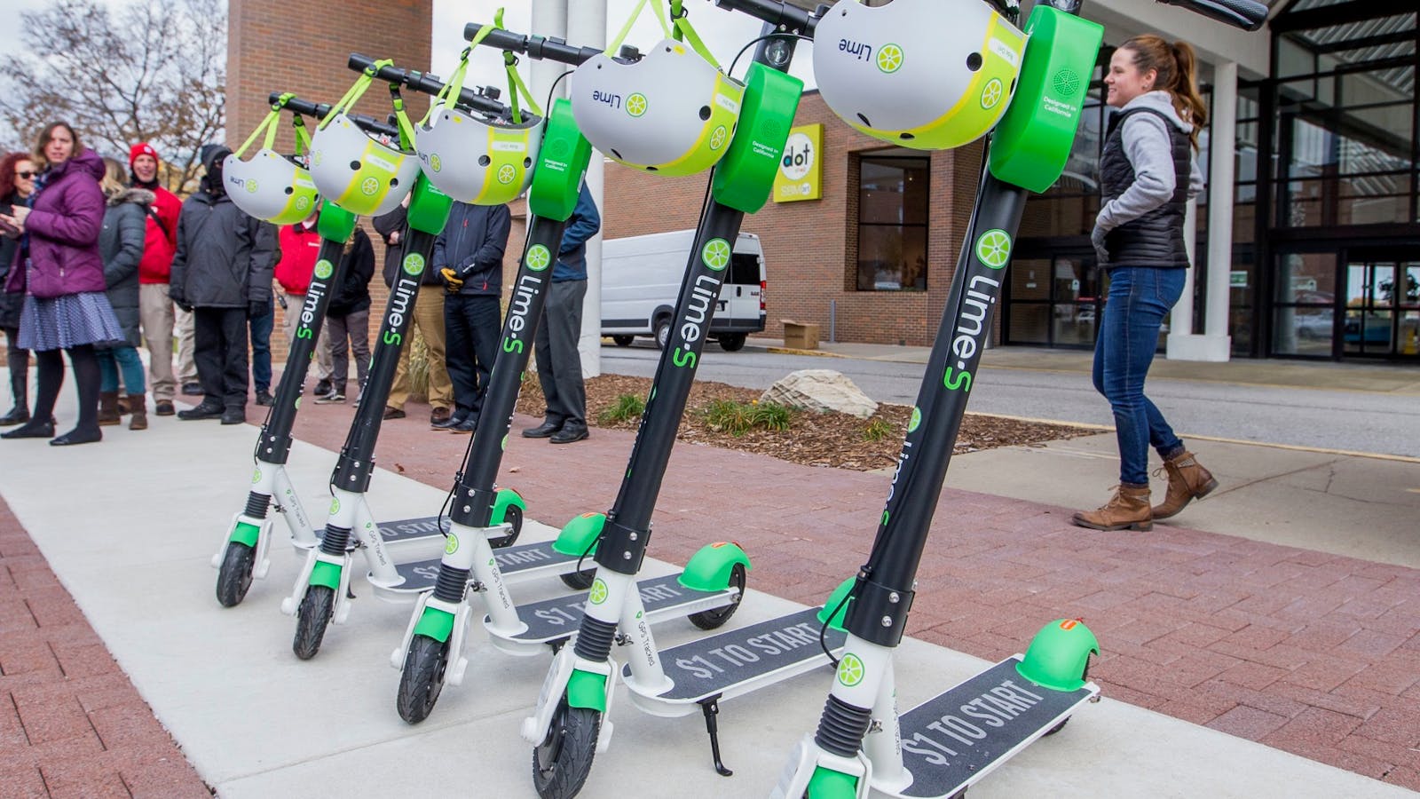 Lime scooters parked in South Bend, Ind. Photo: AP