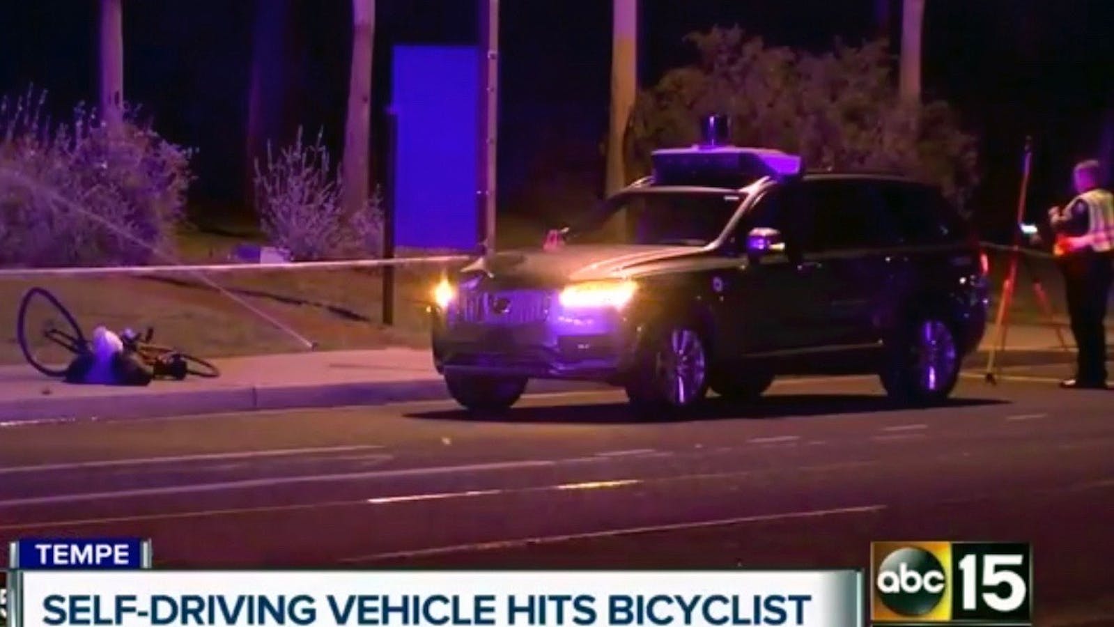 A still image taken from an ABC TV station, showing the self-driving car that hit a pedestrian in Tempe, Ariz., last March. Photo by AP