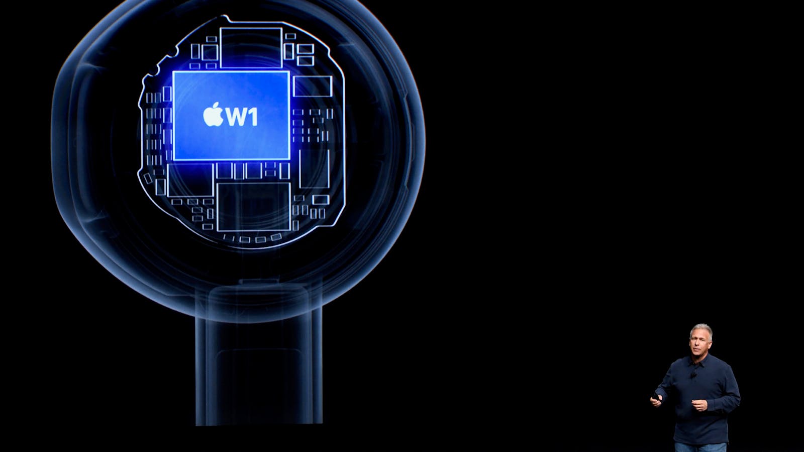 A view of an Apple wireless chip inside the company's AirPods at a 2016 event. Photo by Bloomberg