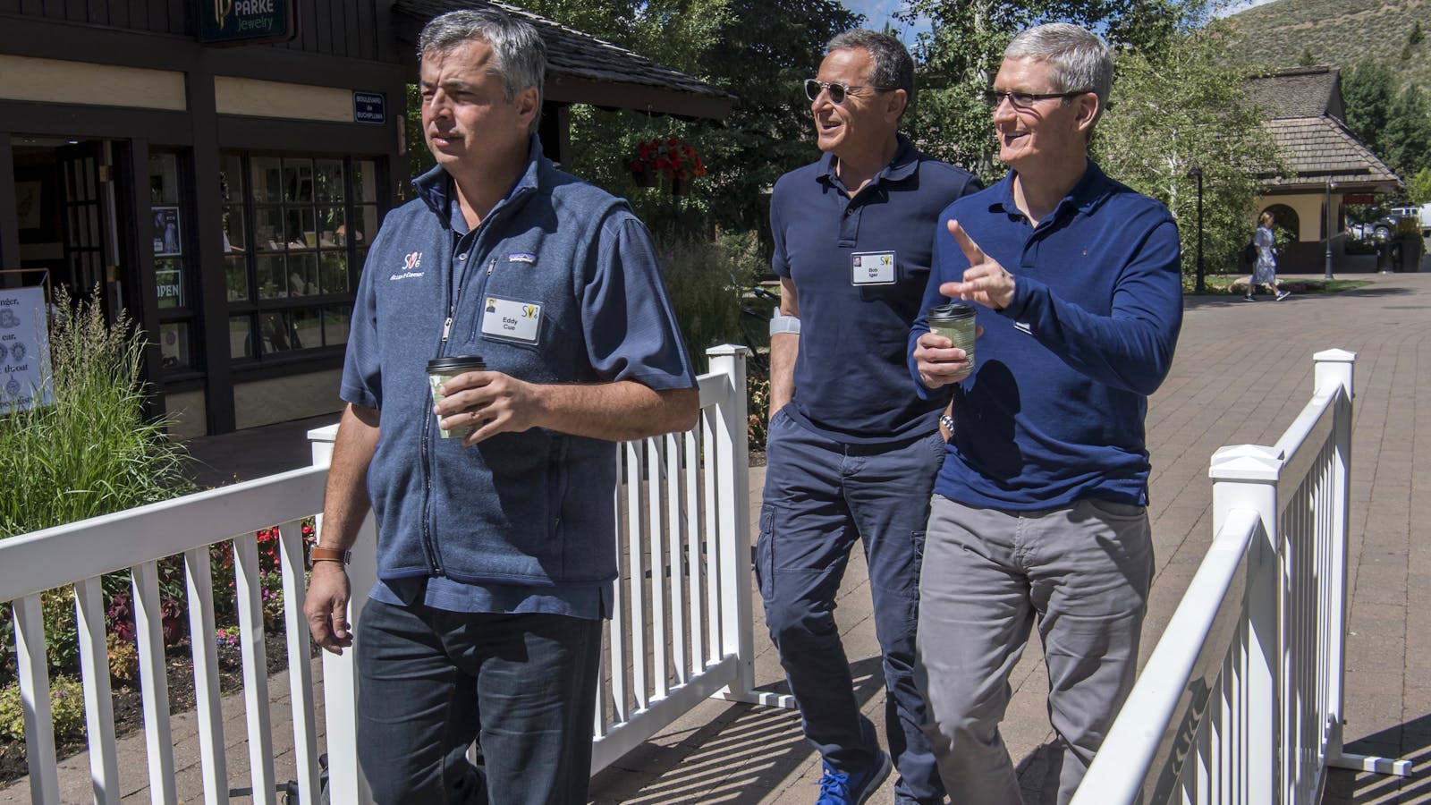Apple's Eddy Cue, Disney CEO Bob Iger and Apple CEO Tim Cook at Sun Valley in Idaho. Photo by Bloomberg.