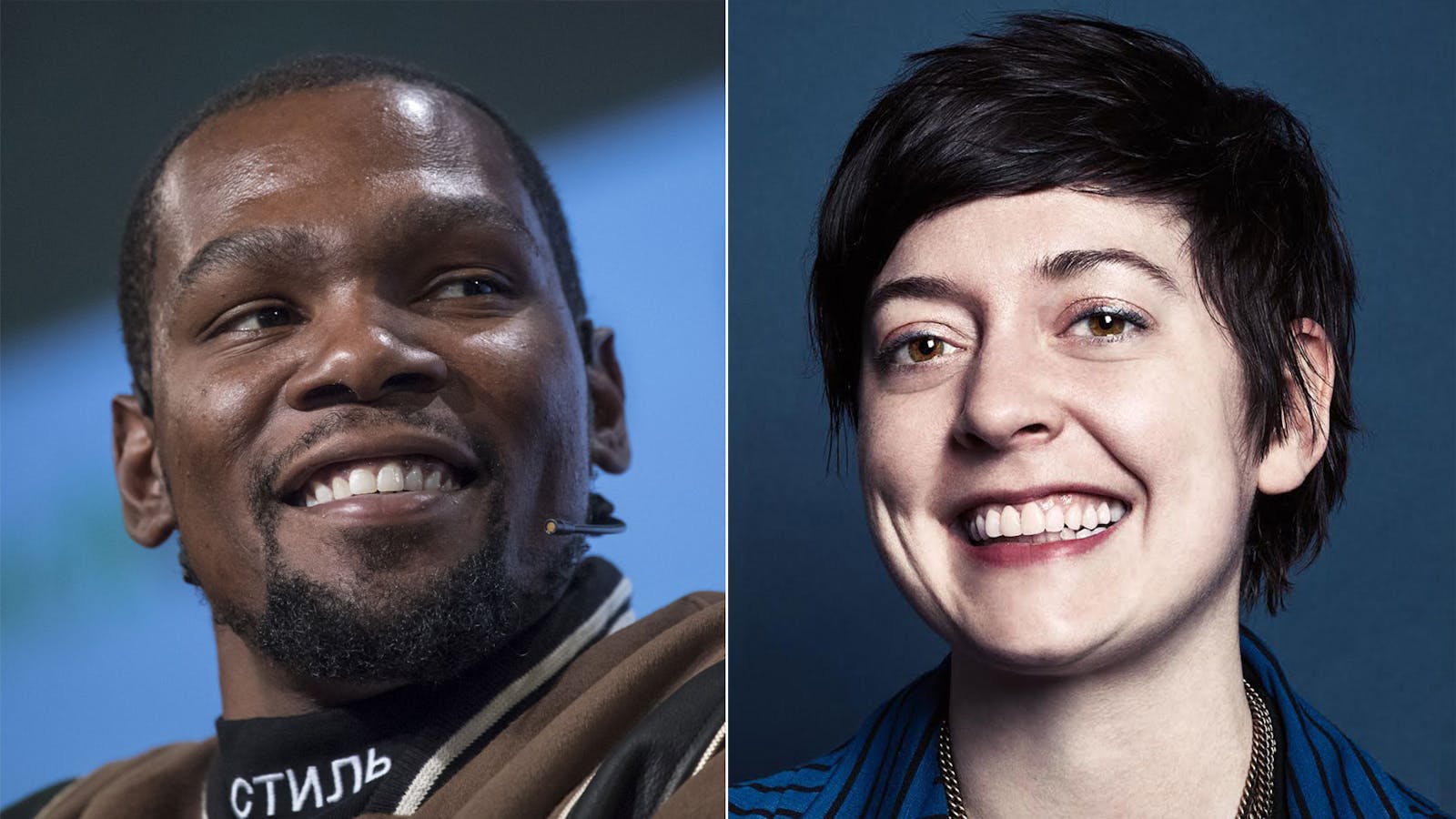 Kevin Durant, left, and Sarah Flynn. Photos by Bloomberg and courtesy of Thirty Five Ventures.