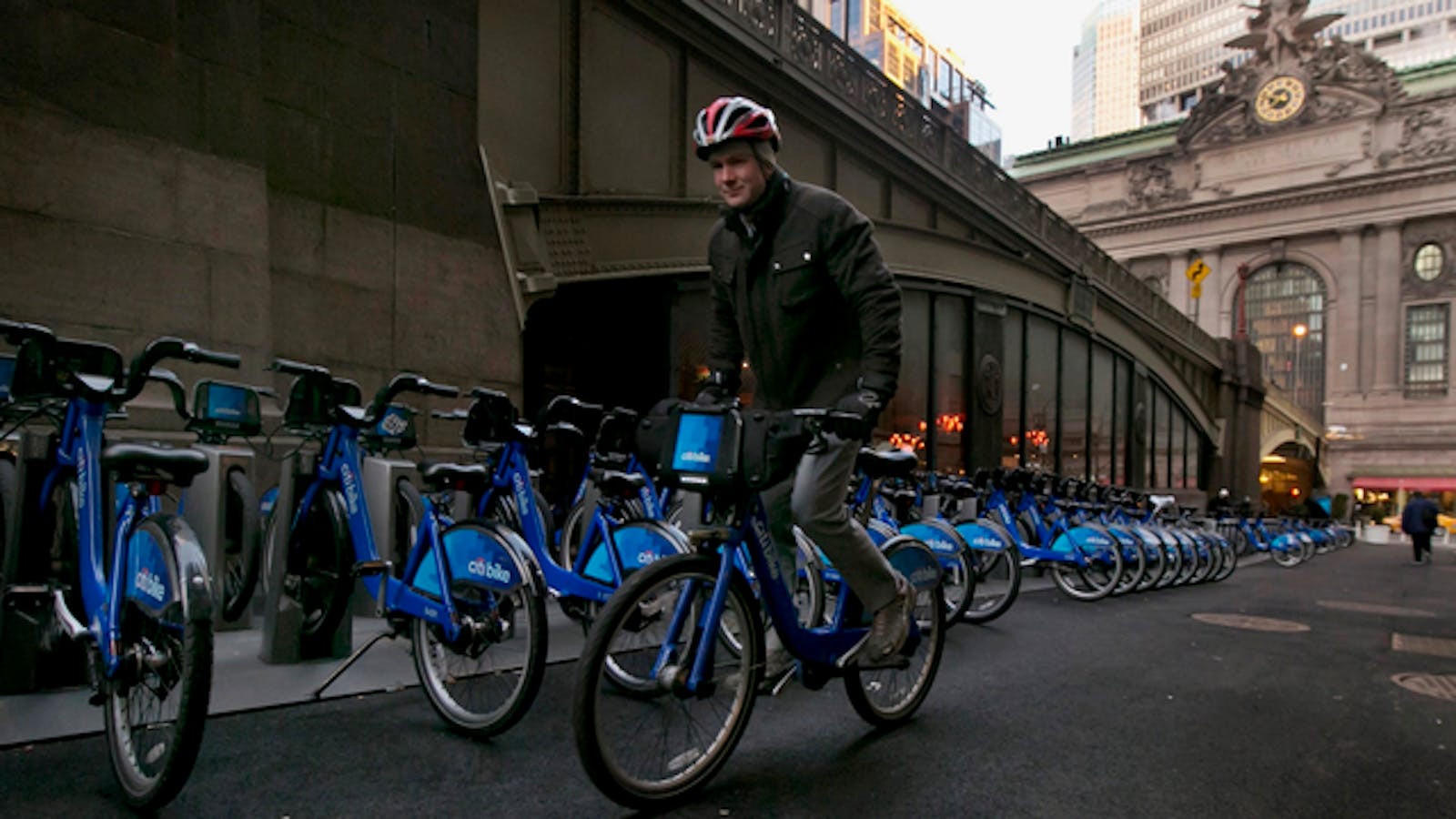 A man rode a Citi Bike, which is now owned by Lyft, near New York City's Grand Central Terminal in early 2015. Photo: AP