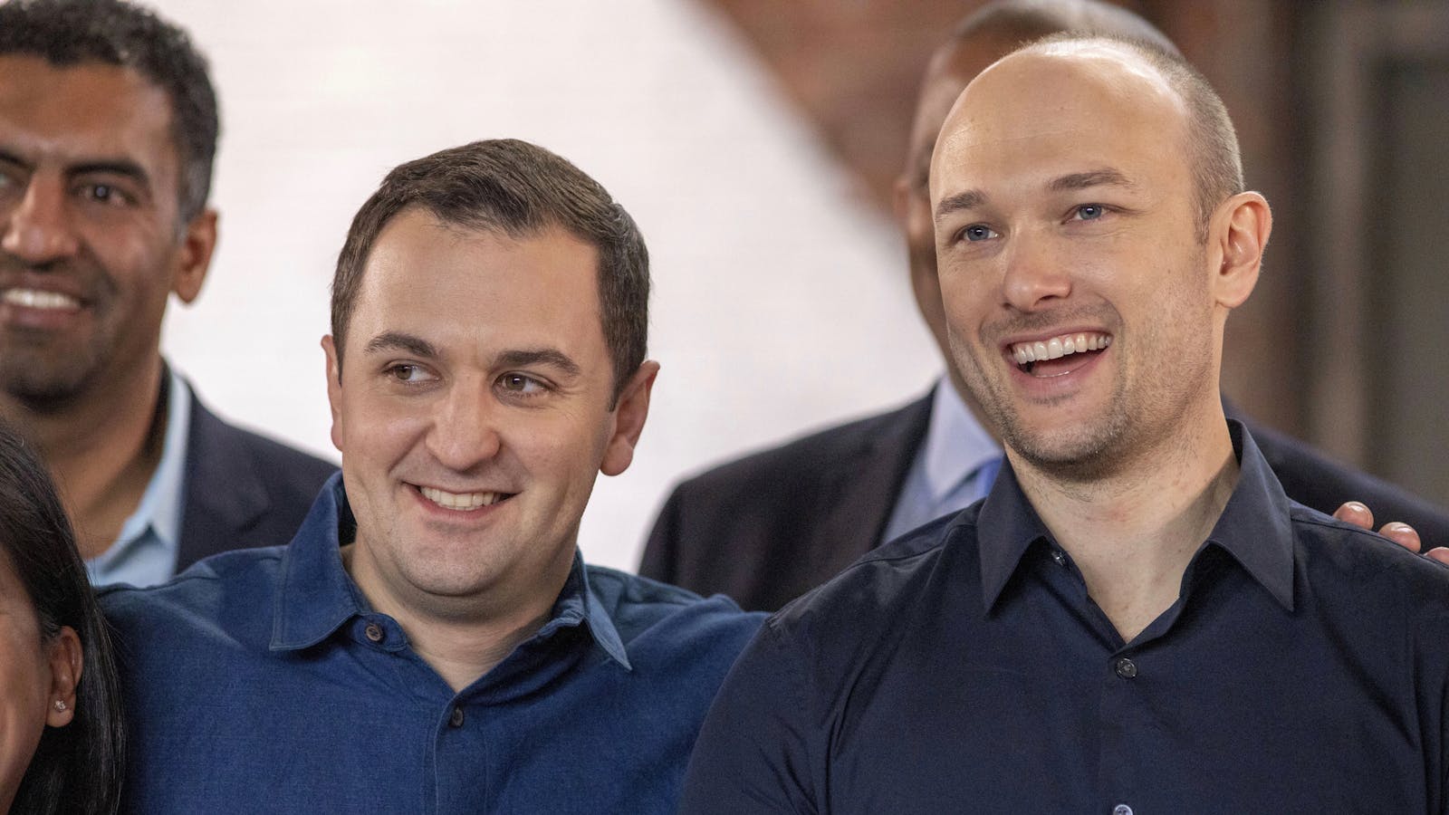 Lyft's co founders John Zimmer and Logan Green after the company's IPO last Friday. Photo by Bloomberg.
