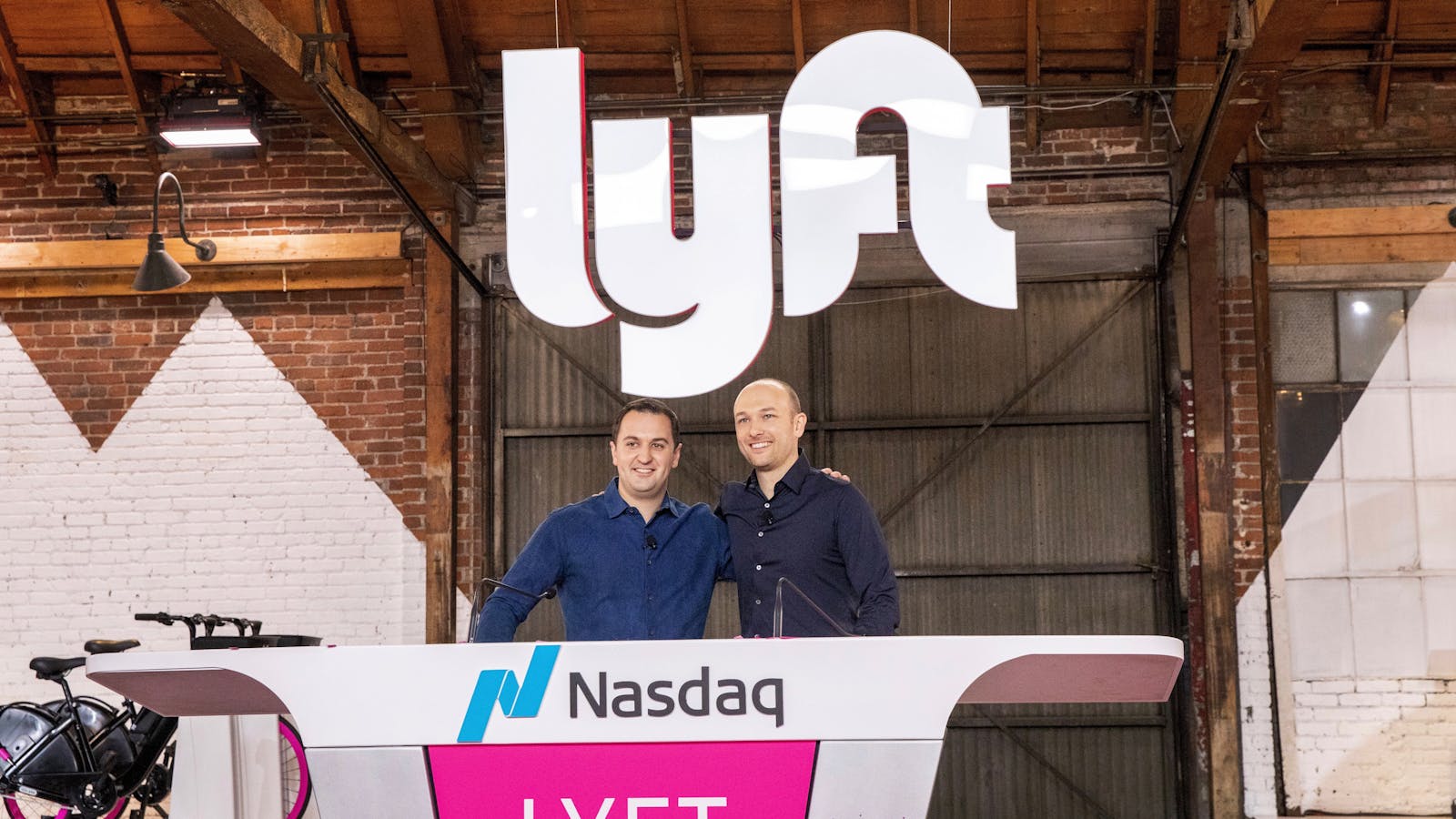 Lyft's co-founders John Zimmer and Logan Green the day the company went public. Photo by Bloomberg