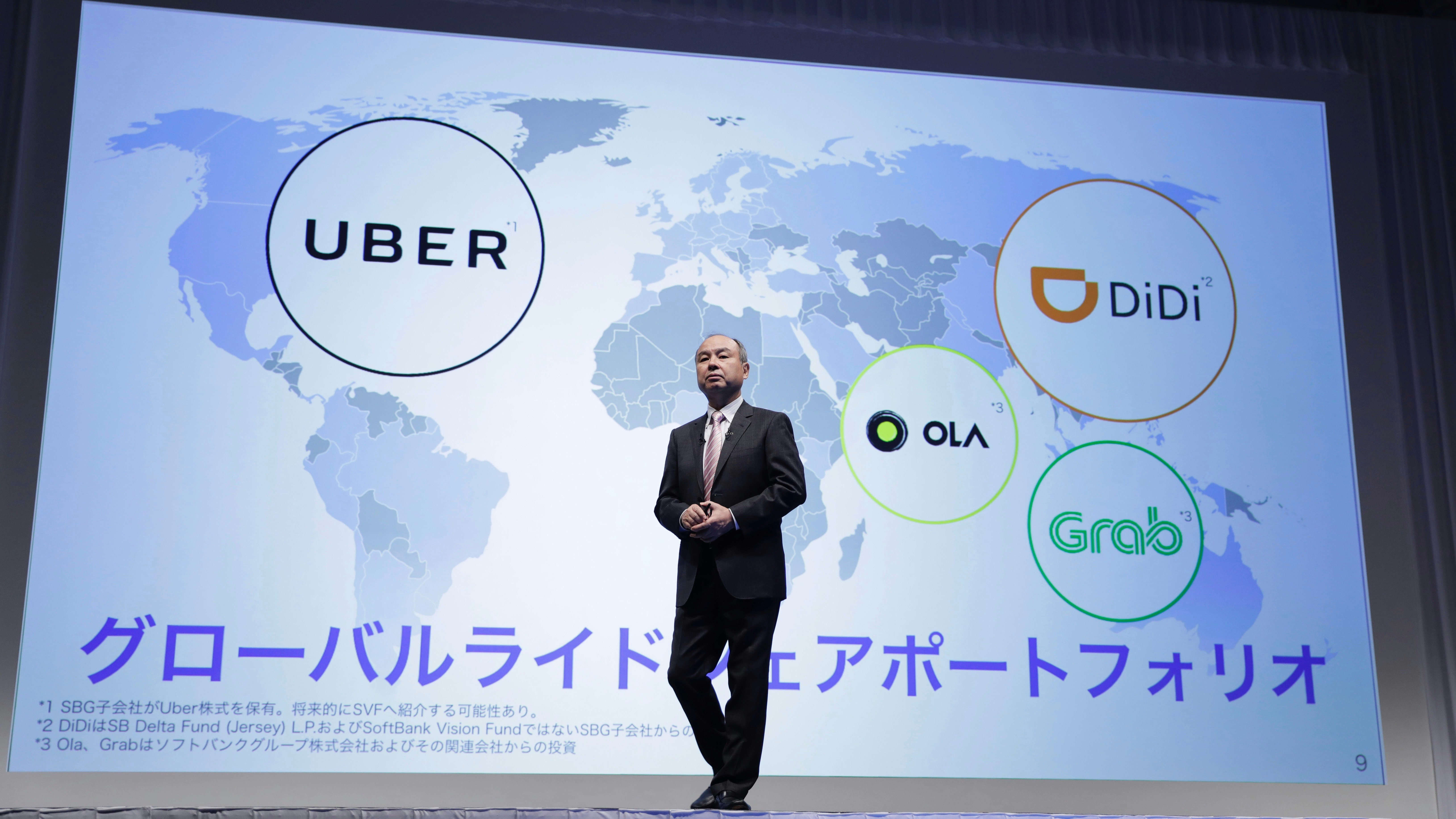 SoftBank CEO Masayoshi Son in front of a map showing ride-hailing firms partly owned by SoftBank. Photo by Bloomberg