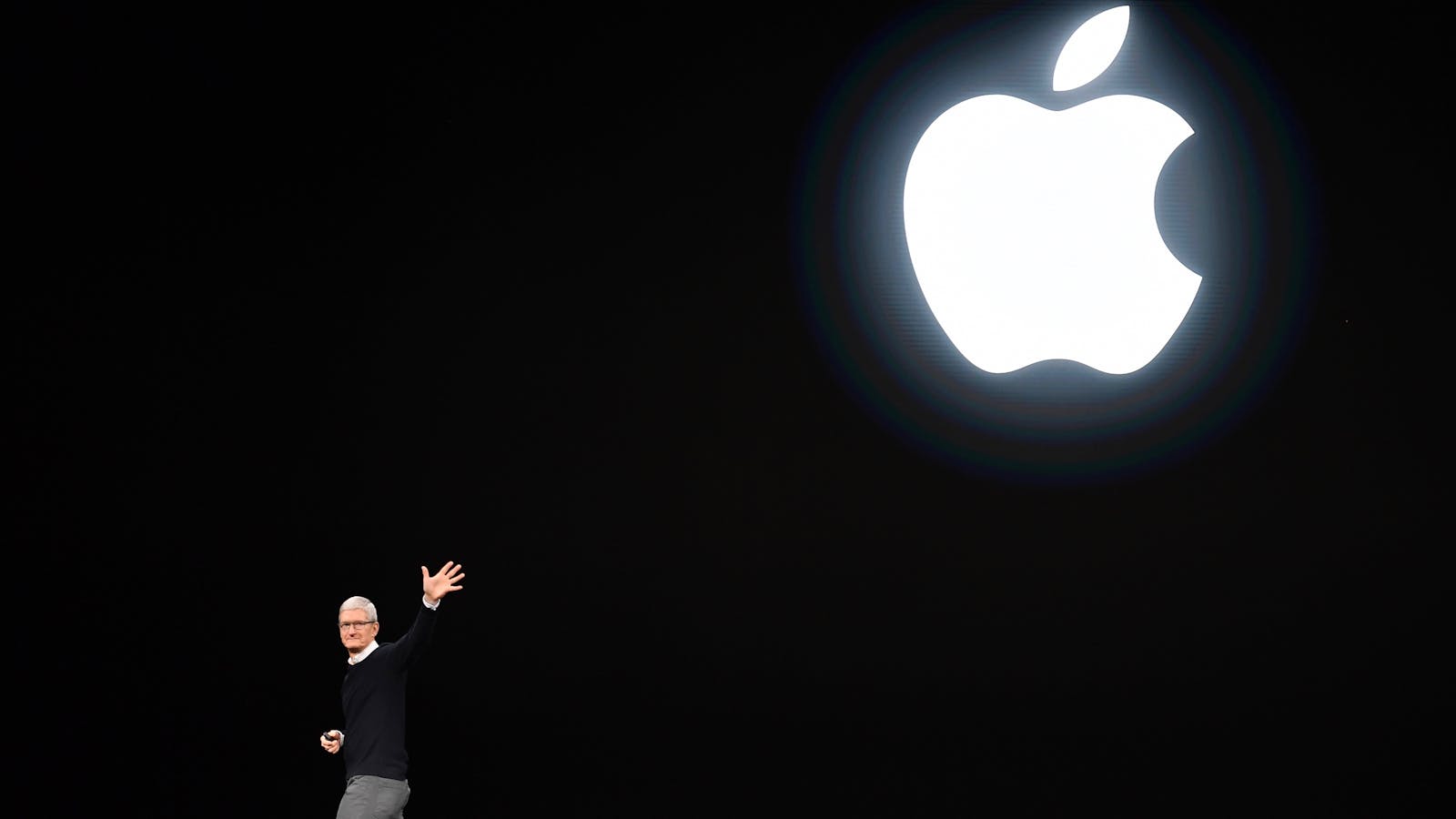 Apple CEO Tim Cook on stage at Apple's news and video presentation last month. Photo by Bloomberg.