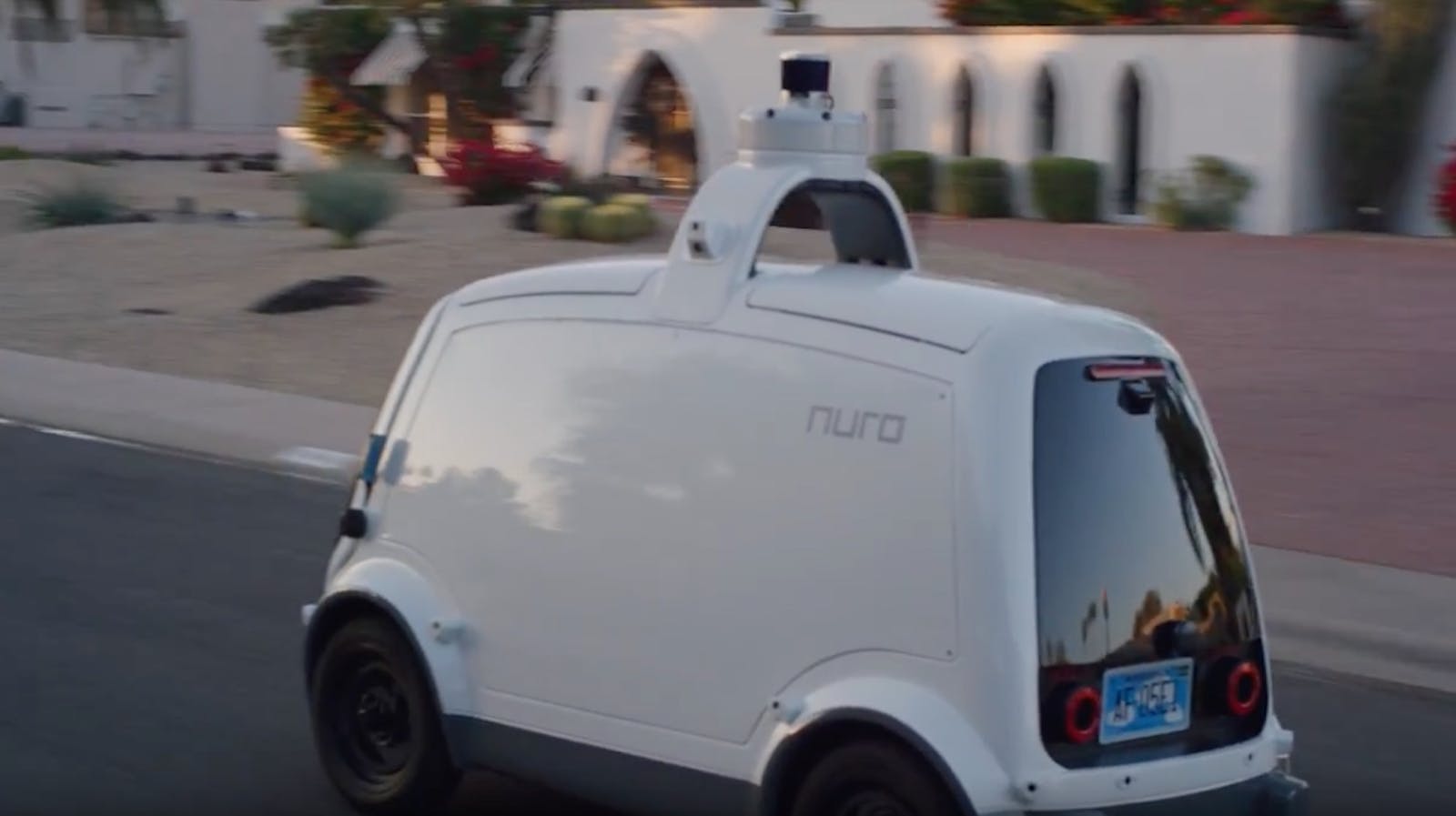 A Nuro self-driving delivery robot prototype in suburban Phoenix. Credit: Nuro