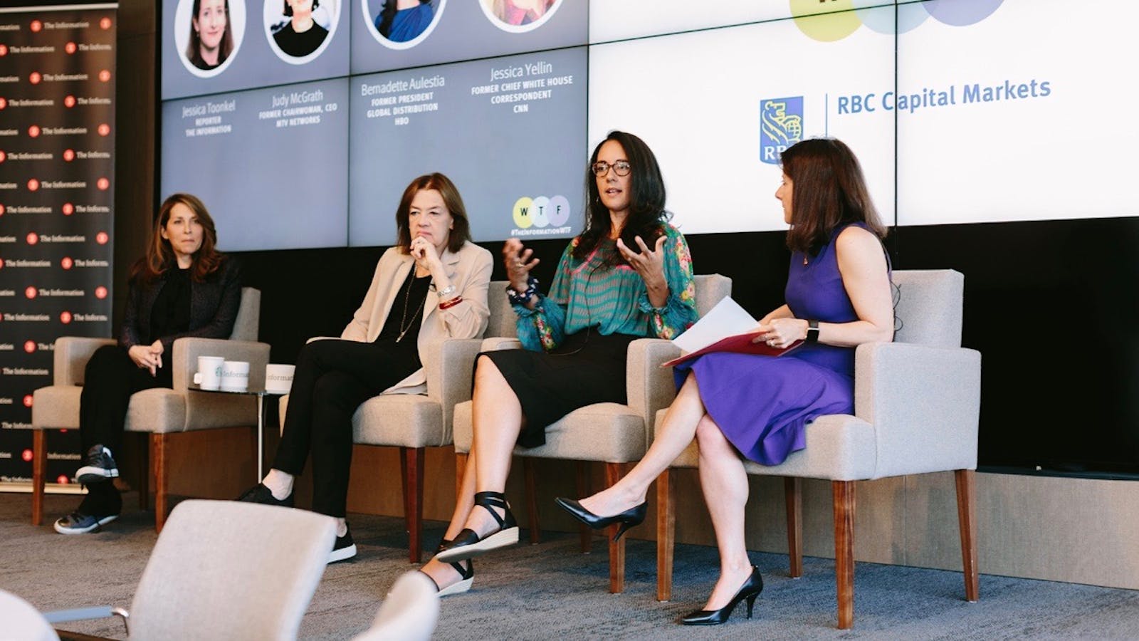 Jessica Yellin, Judy McGrath, Bernadette Aulestia and The Information's Jessica Toonkel at the Women in Tech, Media and Finance conference on Tuesday. Photo by Karen Obrist