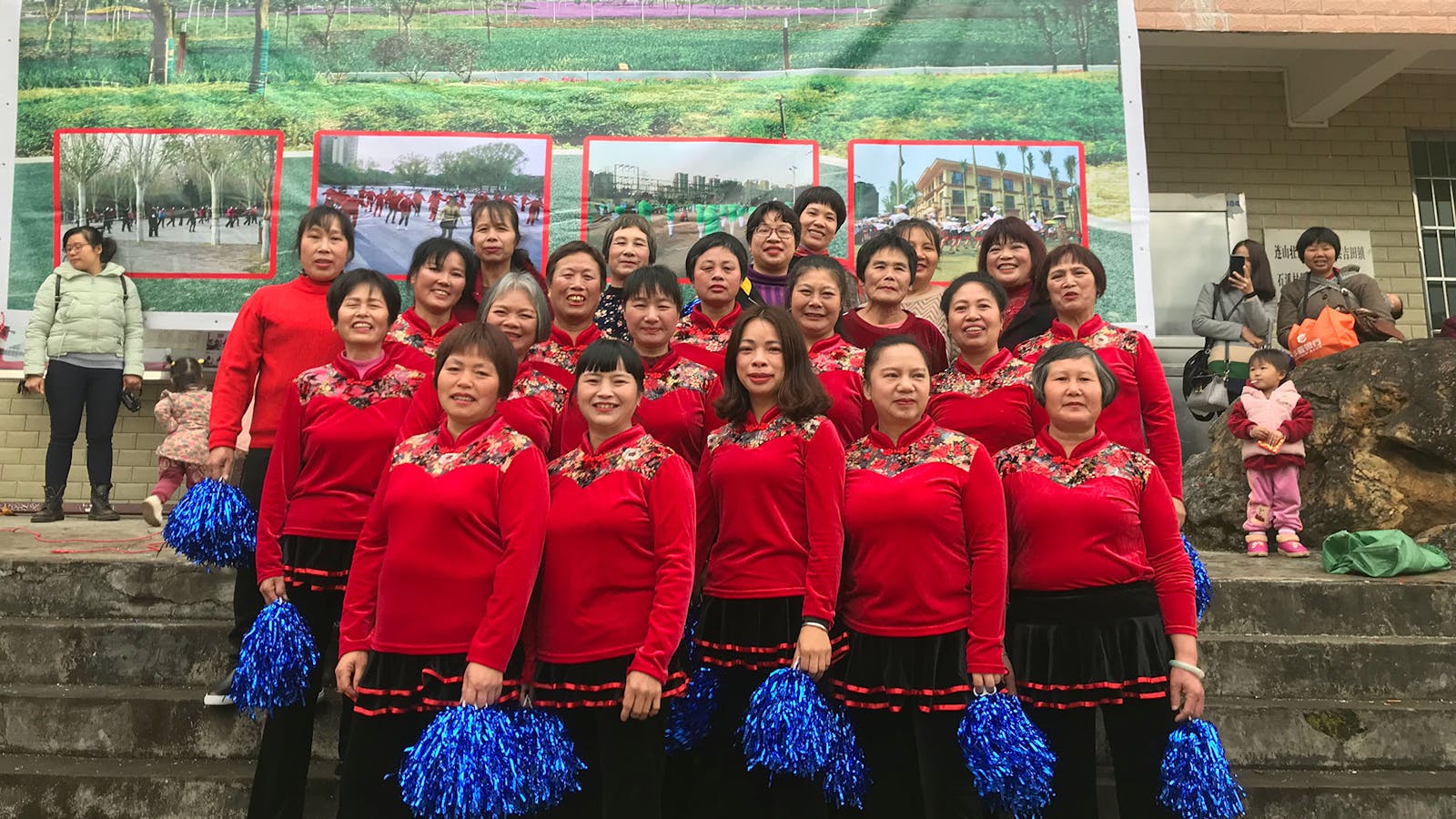 The Jitian village dance group, in matching outfits purchased on Pinduoduo, at the Lunar New Year gala.