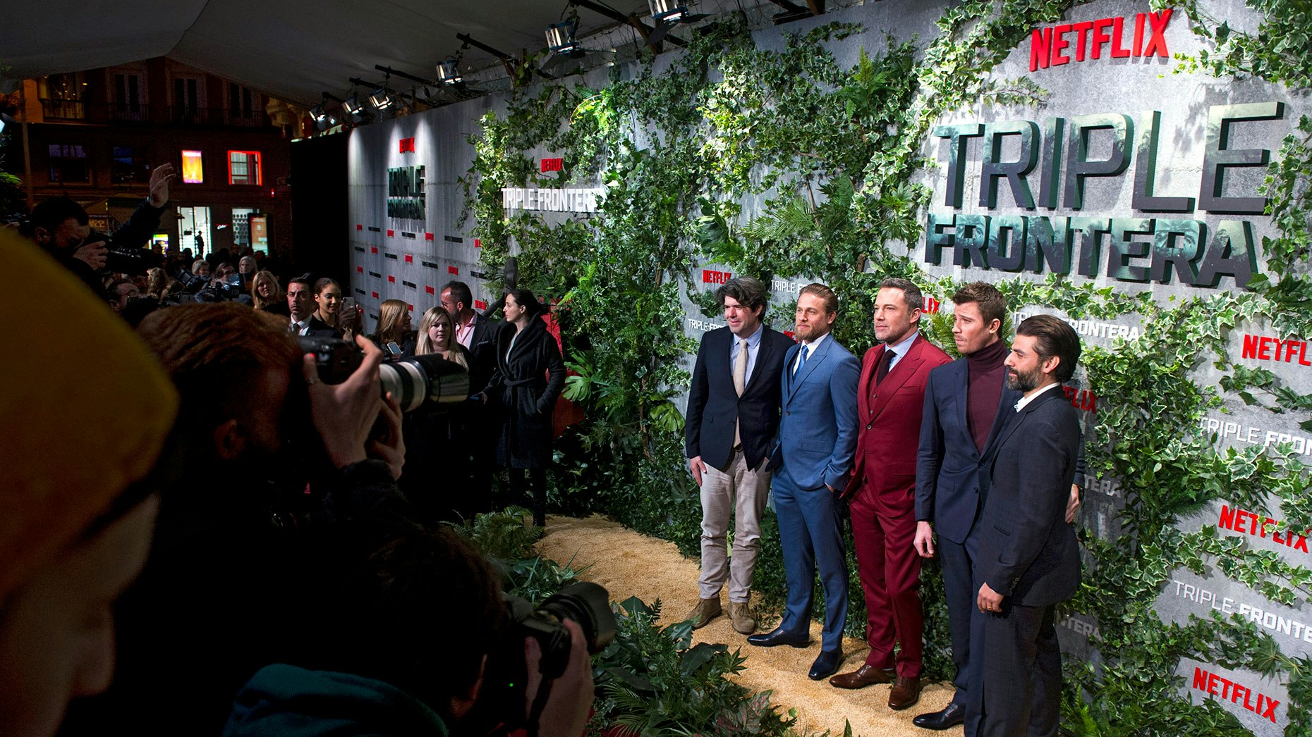 The stars of Netflix's "Triple Frontier" movie at a premiere screening in Madrid. Photo by AP