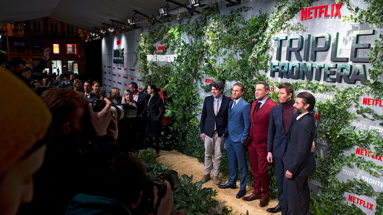 The stars of Netflix's "Triple Frontier" movie at a premiere screening in Madrid. Photo by AP