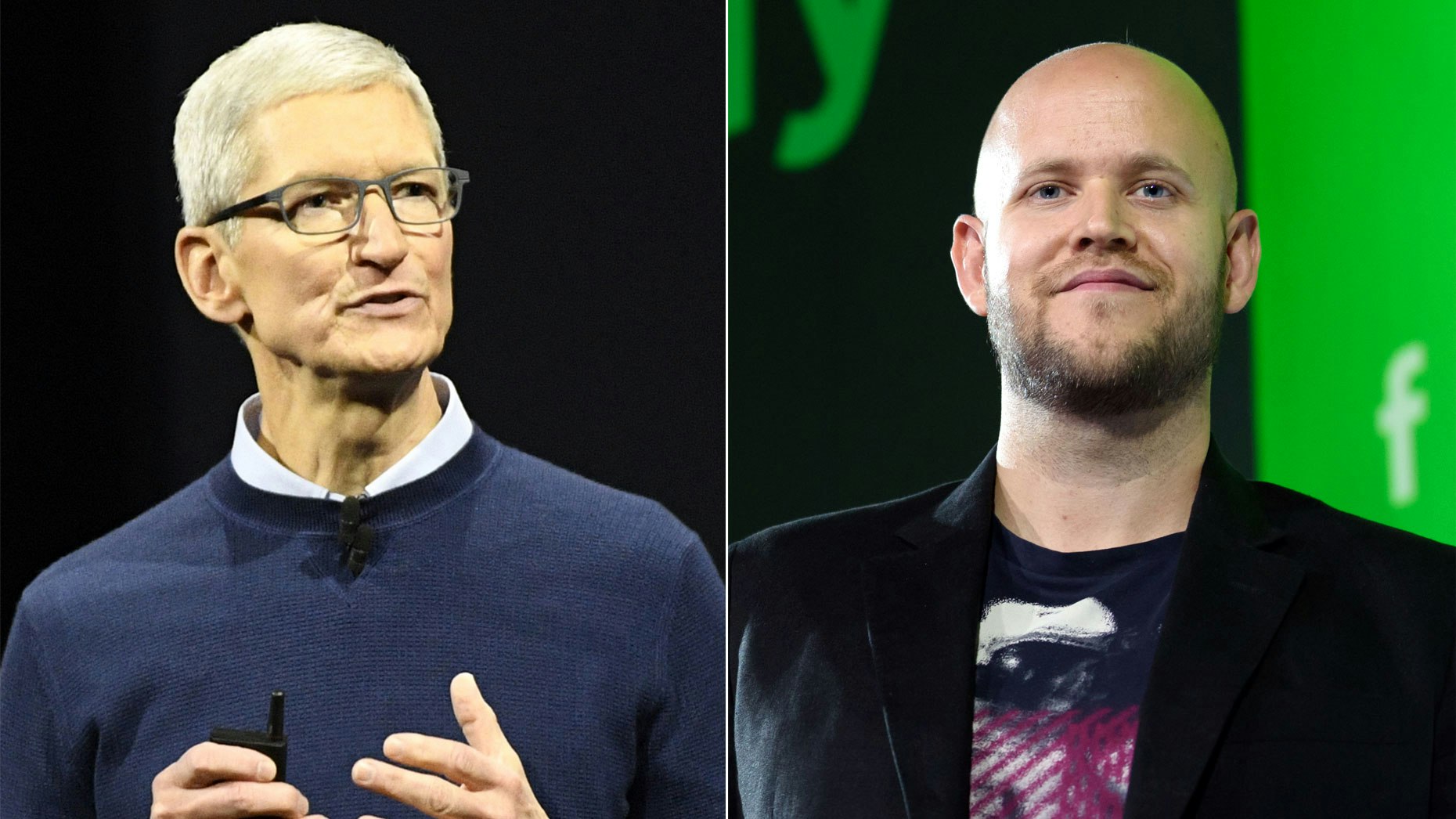 Apple CEO Tim Cook and Spotify CEO Daniel Ek. Photos by Bloomberg