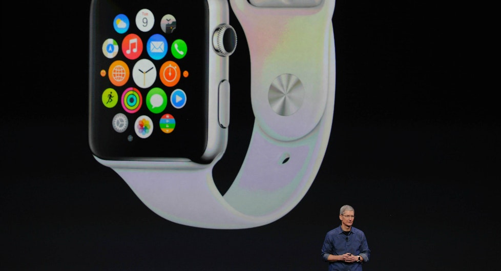 Apple CEO Tim Cook introduces the watch. Photo by Bloomberg.