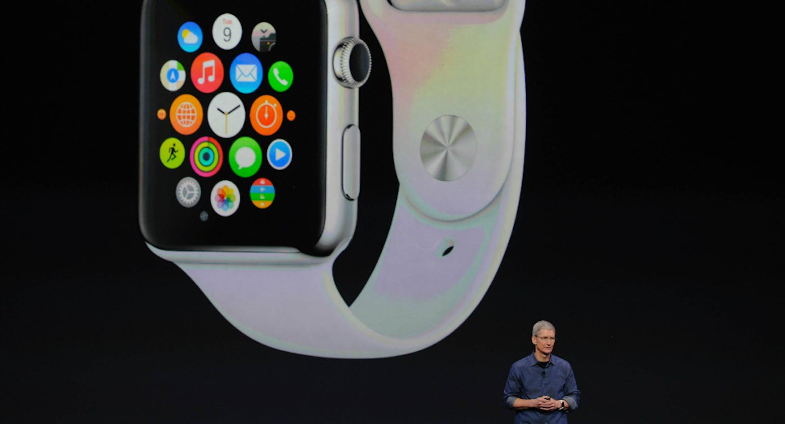 Apple CEO Tim Cook introduces the watch. Photo by Bloomberg.