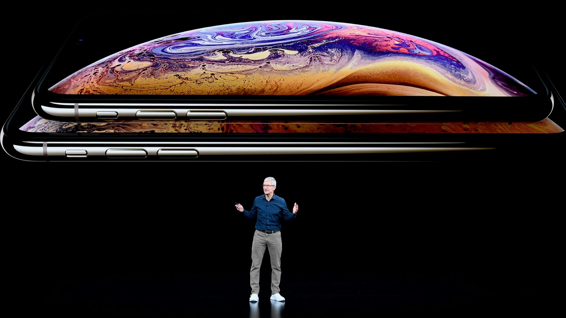 Tim Cook speaks at an Apple event in September, 2018. Photo by Bloomberg.