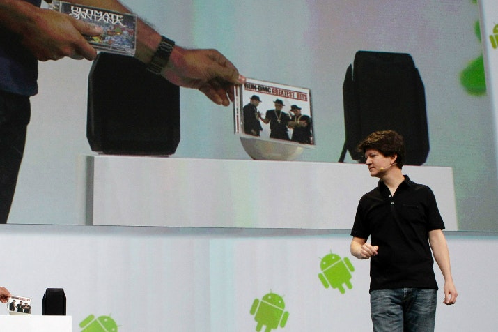 Former Google executive Joe Britt shows a prototype of Nexus Q in 2011. Photo by Associated Press.