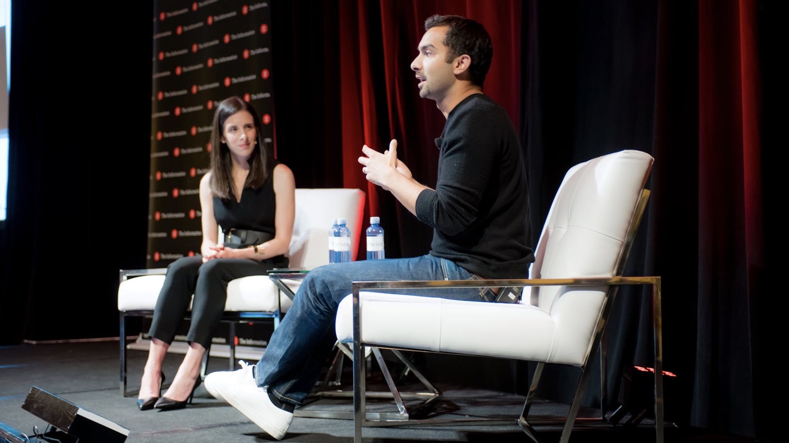 Instacart CEO Apoorva Mehta with The Information's Jessica Lessin at The Information's Subscriber Summit on Thursday. Photo by Angie Silvy￼
