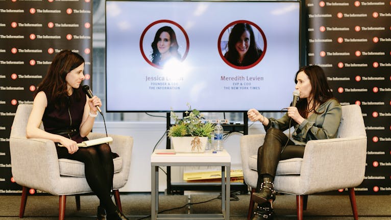 The Information's editor in chief Jessica Lessin talking with the New York Times'  COO Meredith Levien at an event in New York in 2018. Photo by Karen Obrist