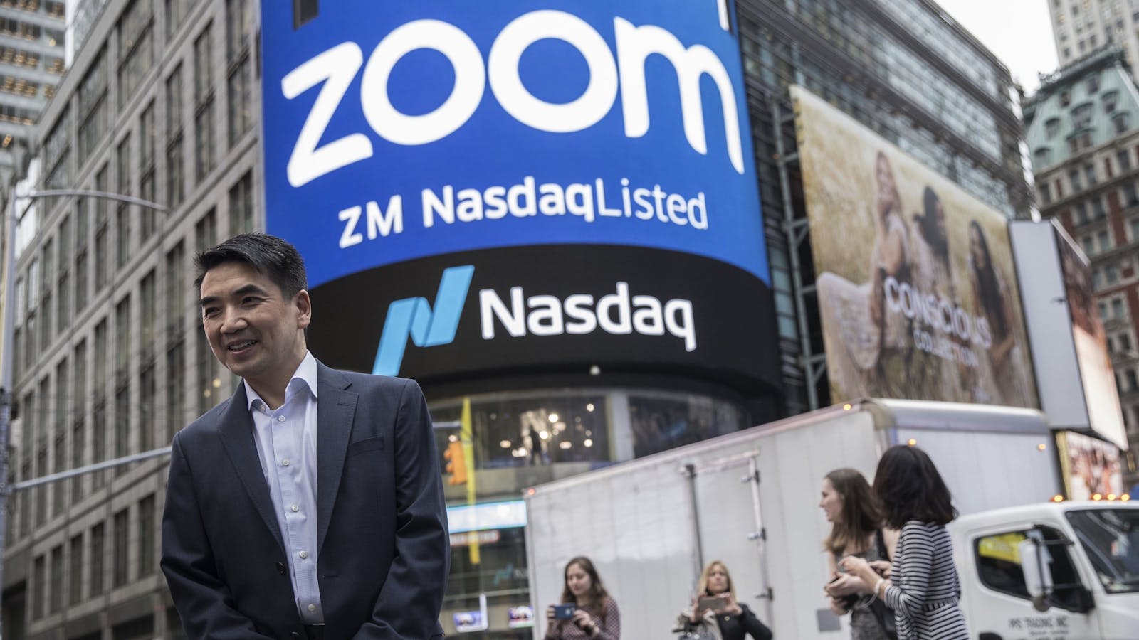 Zoom Video CEO Eric Yuan on the day Zoom went public on the Nasdaq market last April. Photo by Bloomberg