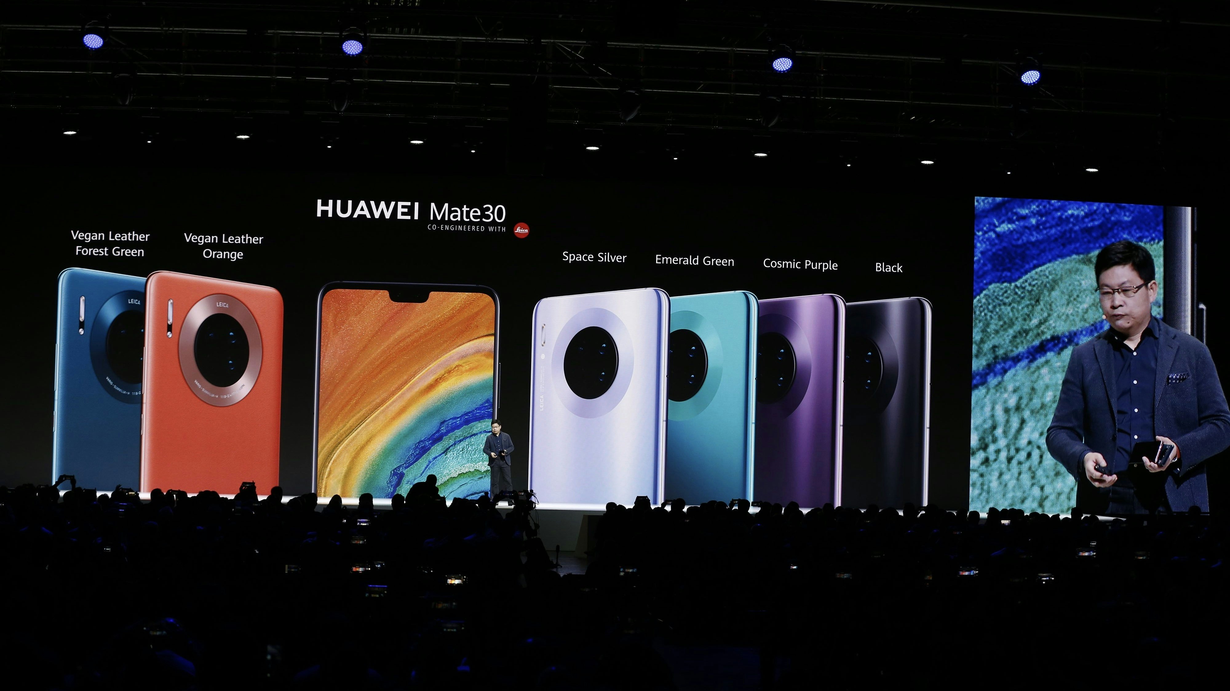 Richard Yu, chief executive of Huawei's consumer business, on stage last September when Huawei unveiled its Mate 30 smartphone. Photo by Bloomberg
