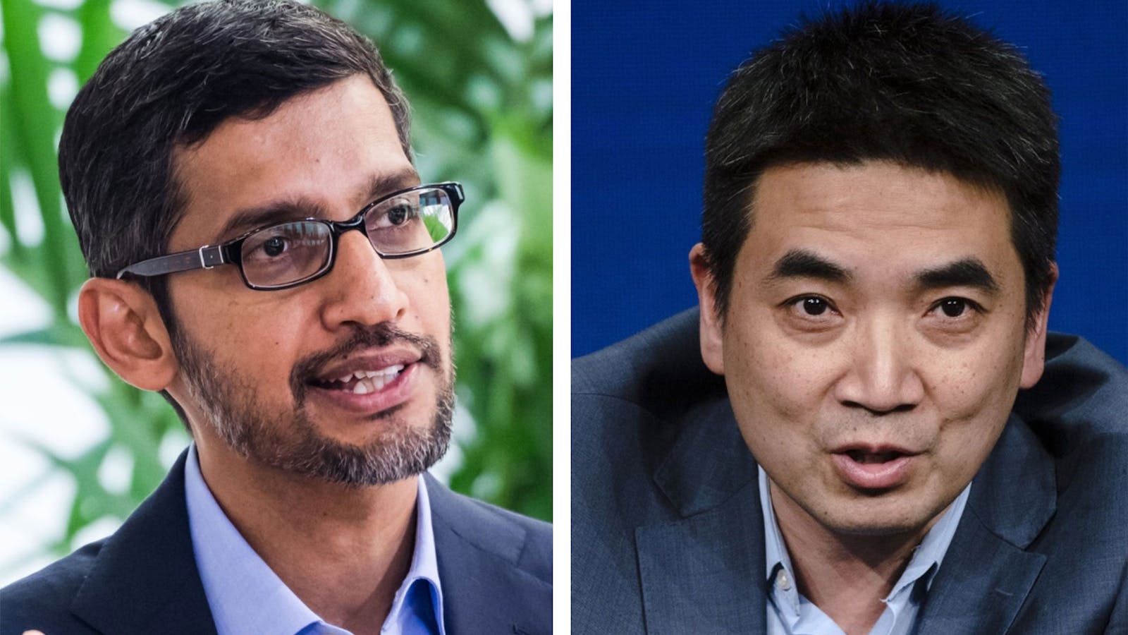 Sundar Pichai, CEO of Alphabet and Google, left, and Eric Yuan, CEO of Zoom. Photos by Bloomberg