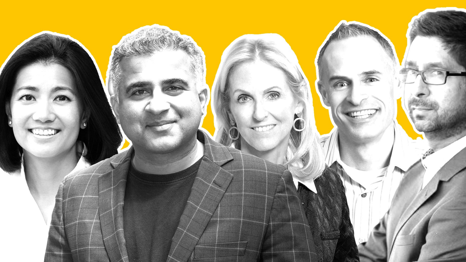 Nisa Leung, Qiming Venture Partners (l); Vikram Bajaj, Foresite Capital; Annie Lamont, Oak HC/FT; Bob Kocher, Venrock; and Vijay Pande, Andreessen Horowitz. Illustration: Mike Sullivan 


